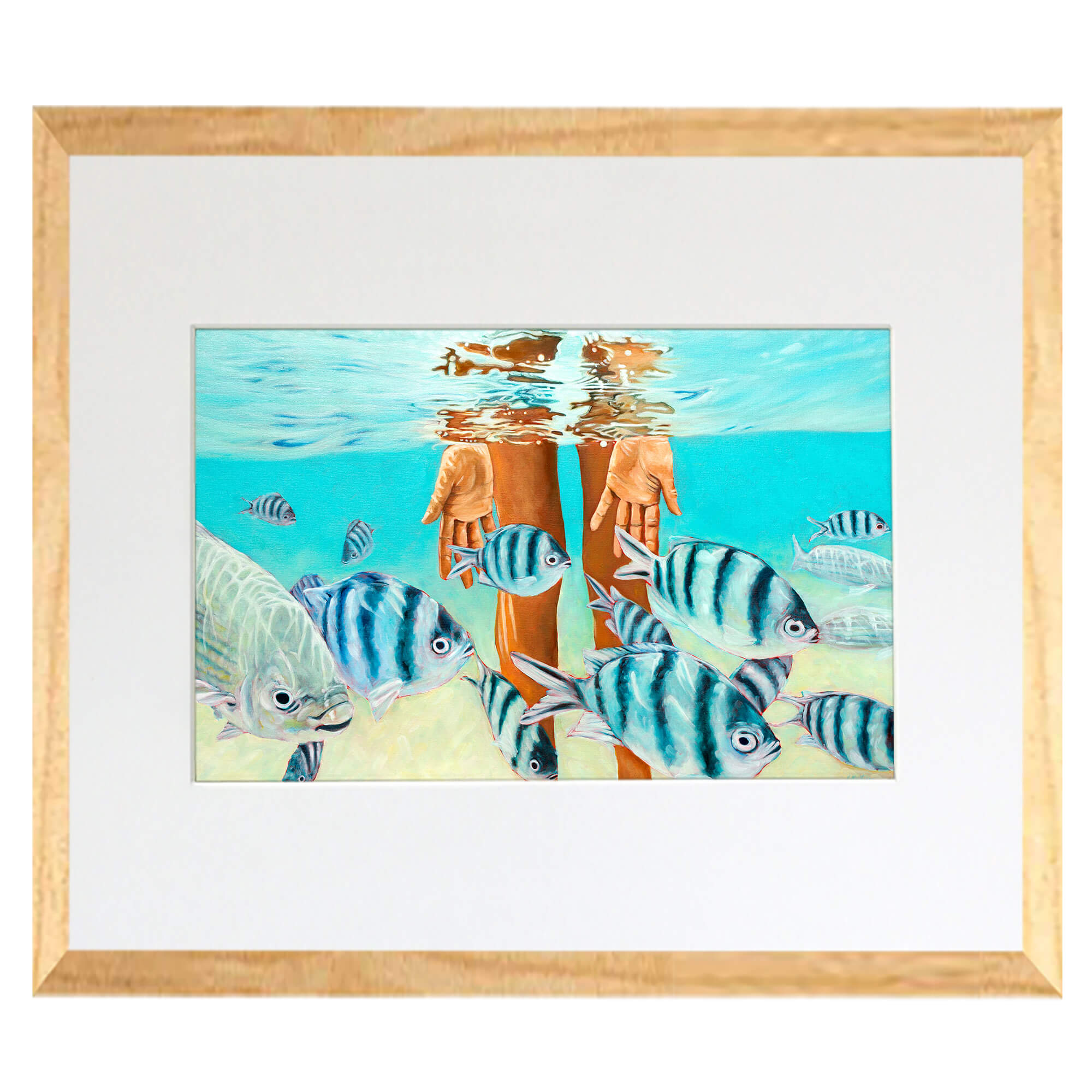 Matted art print depicting blue fishes swimming in the blue sea  by hawaii artist Kelly Keane