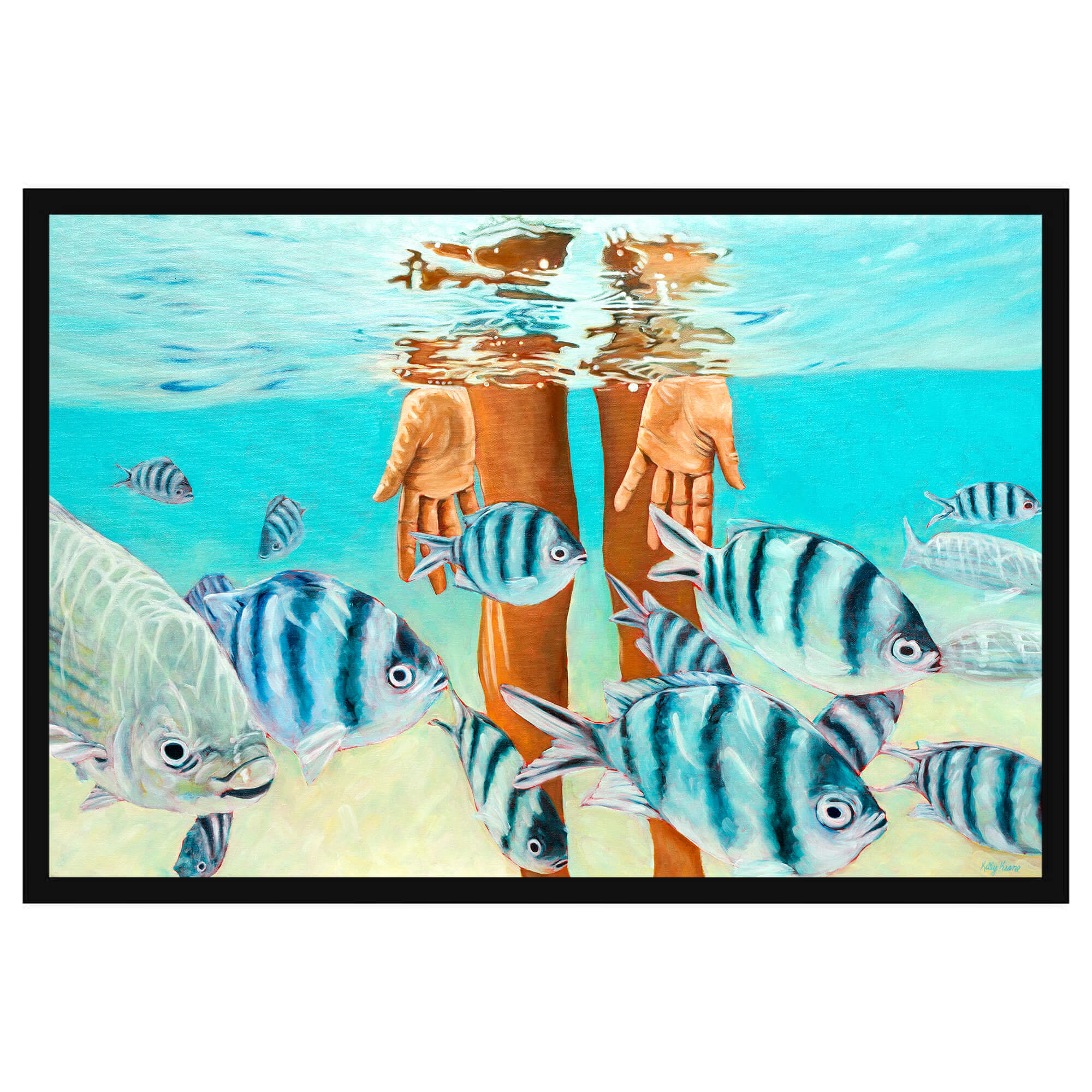 Paper art print with black frame featuring a blue striped fish underwater  by hawaii artist Kelly Keane