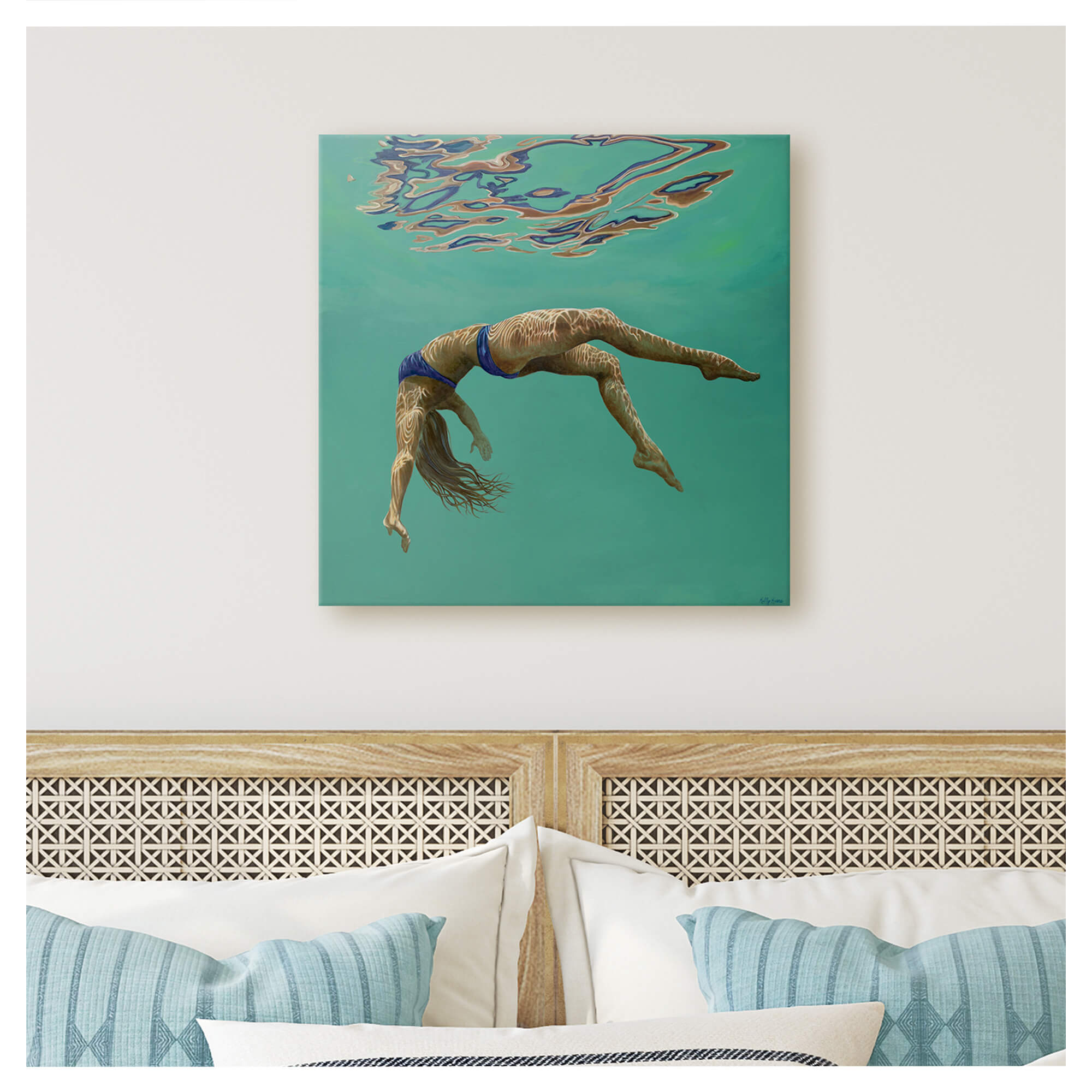 Canvas giclée art print of a woman free diving by Hawaii artist Kelly Keane