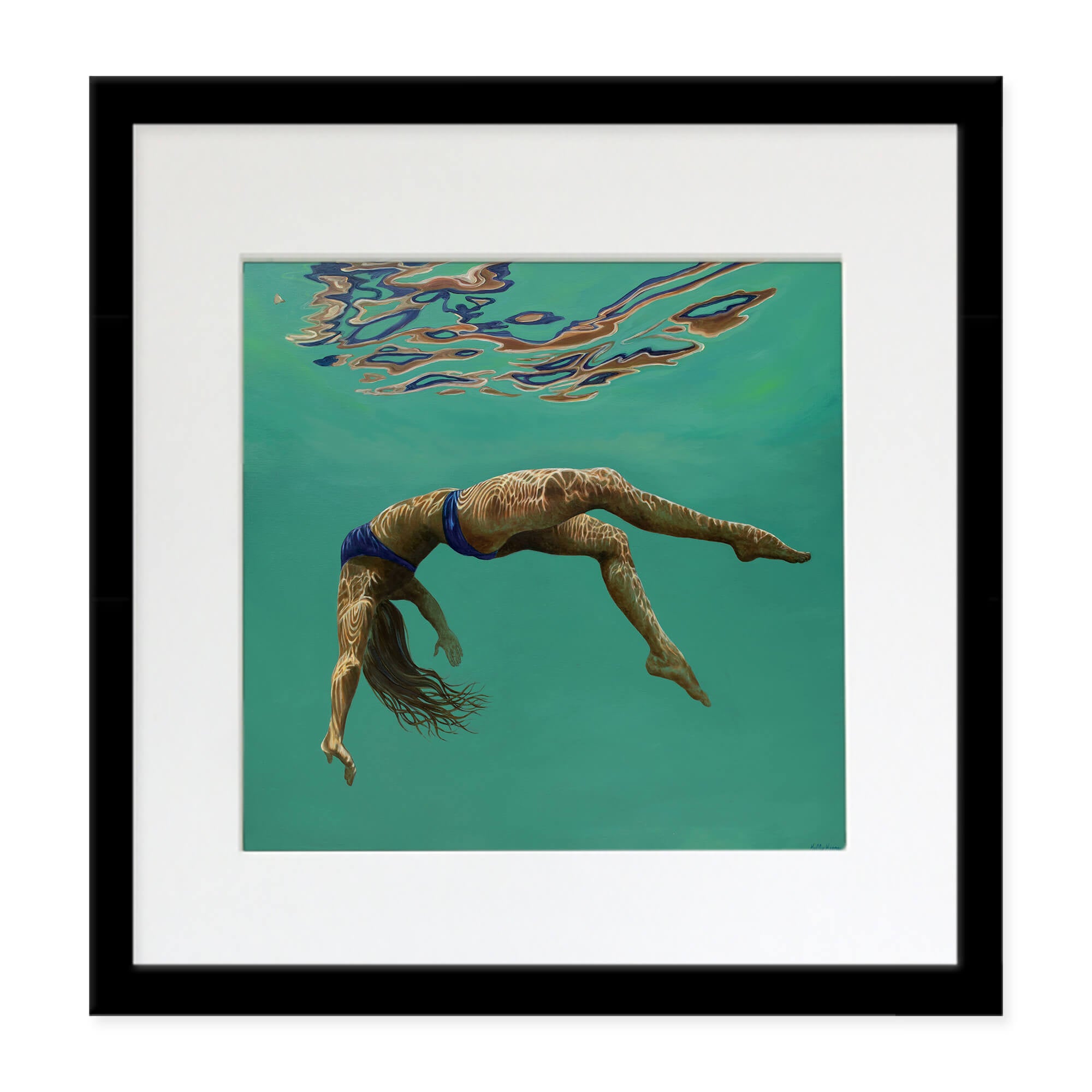 Matted art print of a woman having a peaceful moment underwater by Hawaii artist Kelly Keane