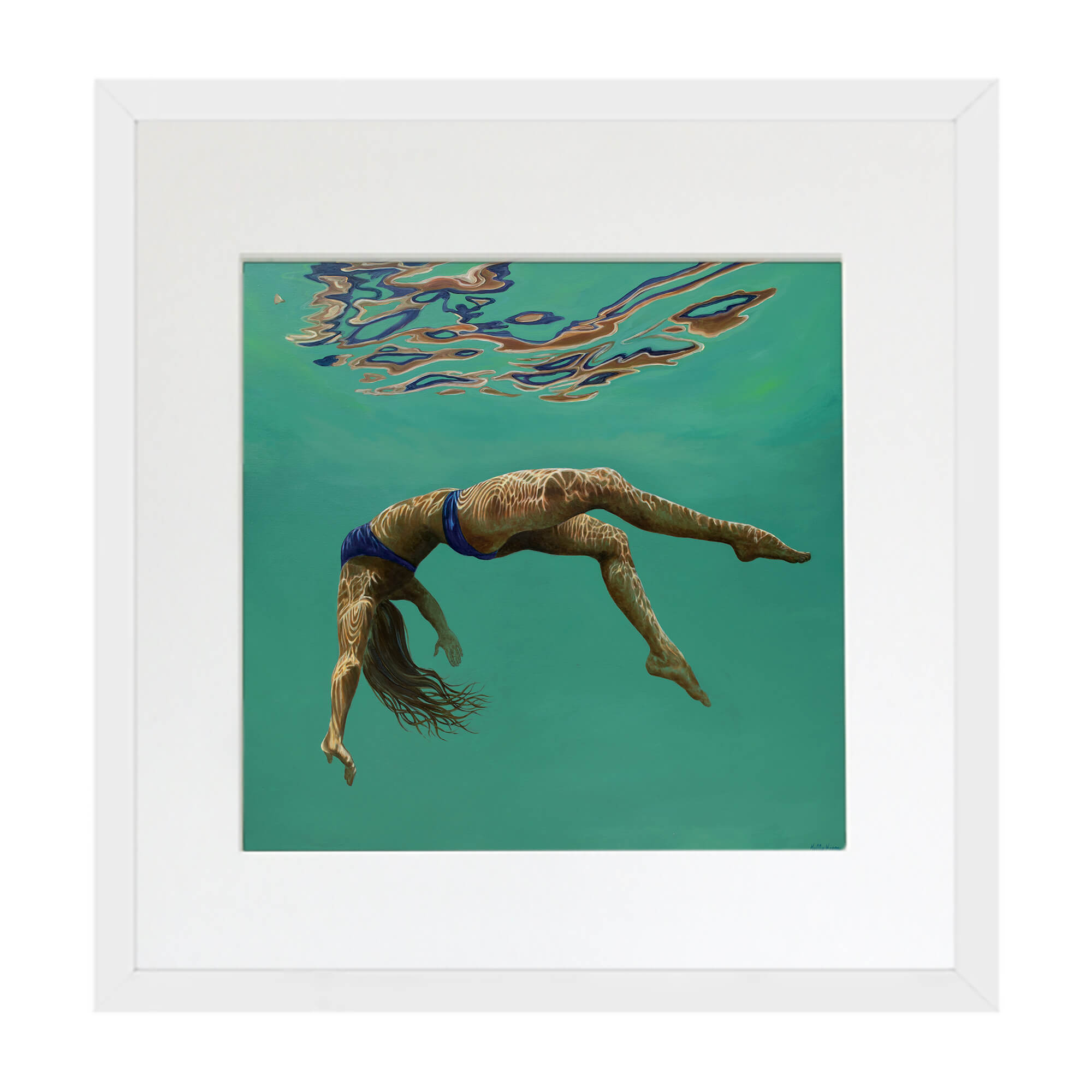 Matted art print of a woman underwater near the surface by Hawaii artist Kelly Keane
