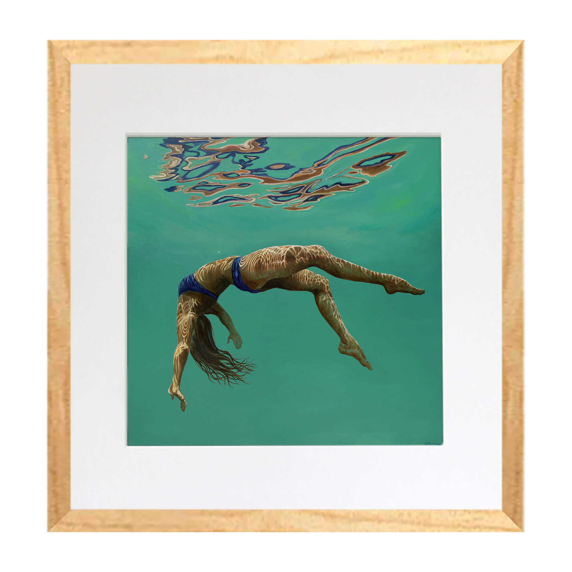Matted art print of a woman peacefully swimming underwater by Hawaii artist Kelly Keane