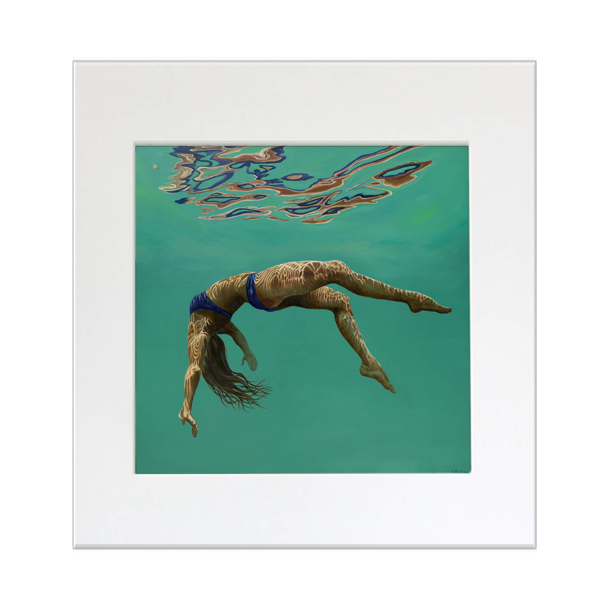 Matted art print of a woman wearing blue bikinis diving underwater by Hawaii artist Kelly Keane