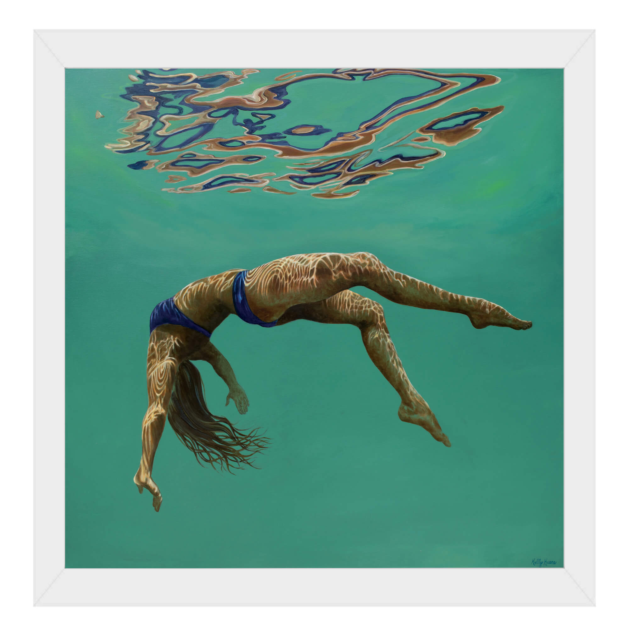 Paper art print of a woman free diving by Hawaii artist Kelly Keane
