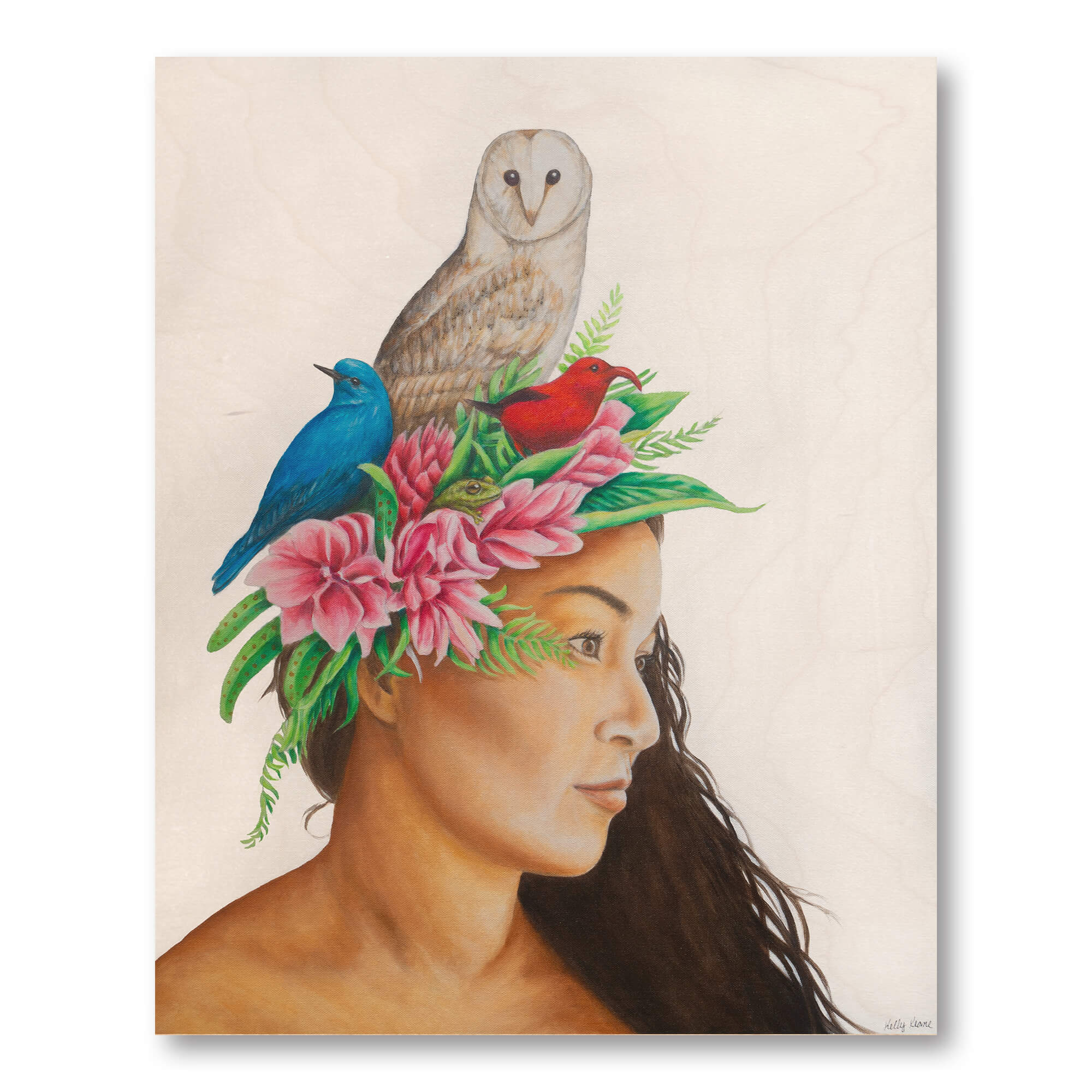 Birch wood print a local Hawaiian woman with a lei on her head by Hawaii artist Kelly Keane