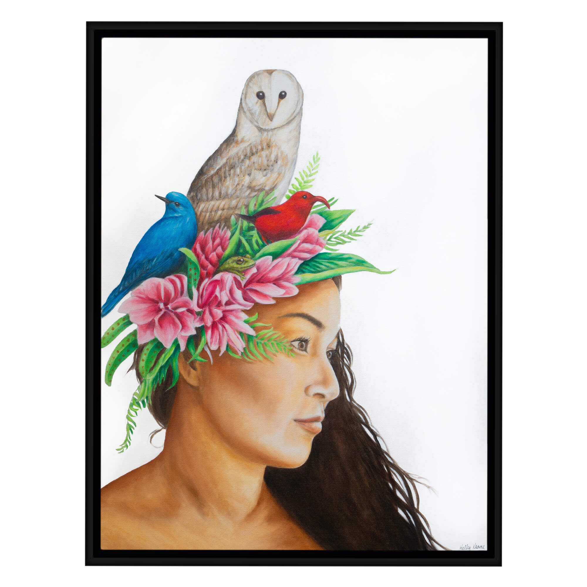 Canvas art print with black frame featuring a girl with a red bird on her head by hawaii artist Kelly Keane