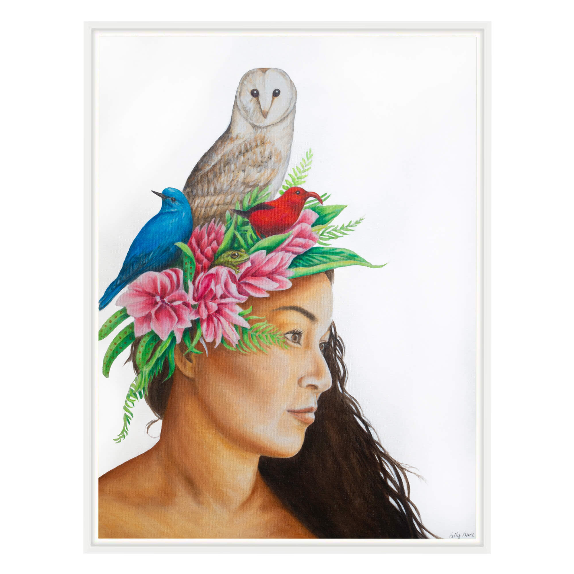 Canvas art print with white frame showcasing a woman with curly hair by hawaii artist Kelly Keane