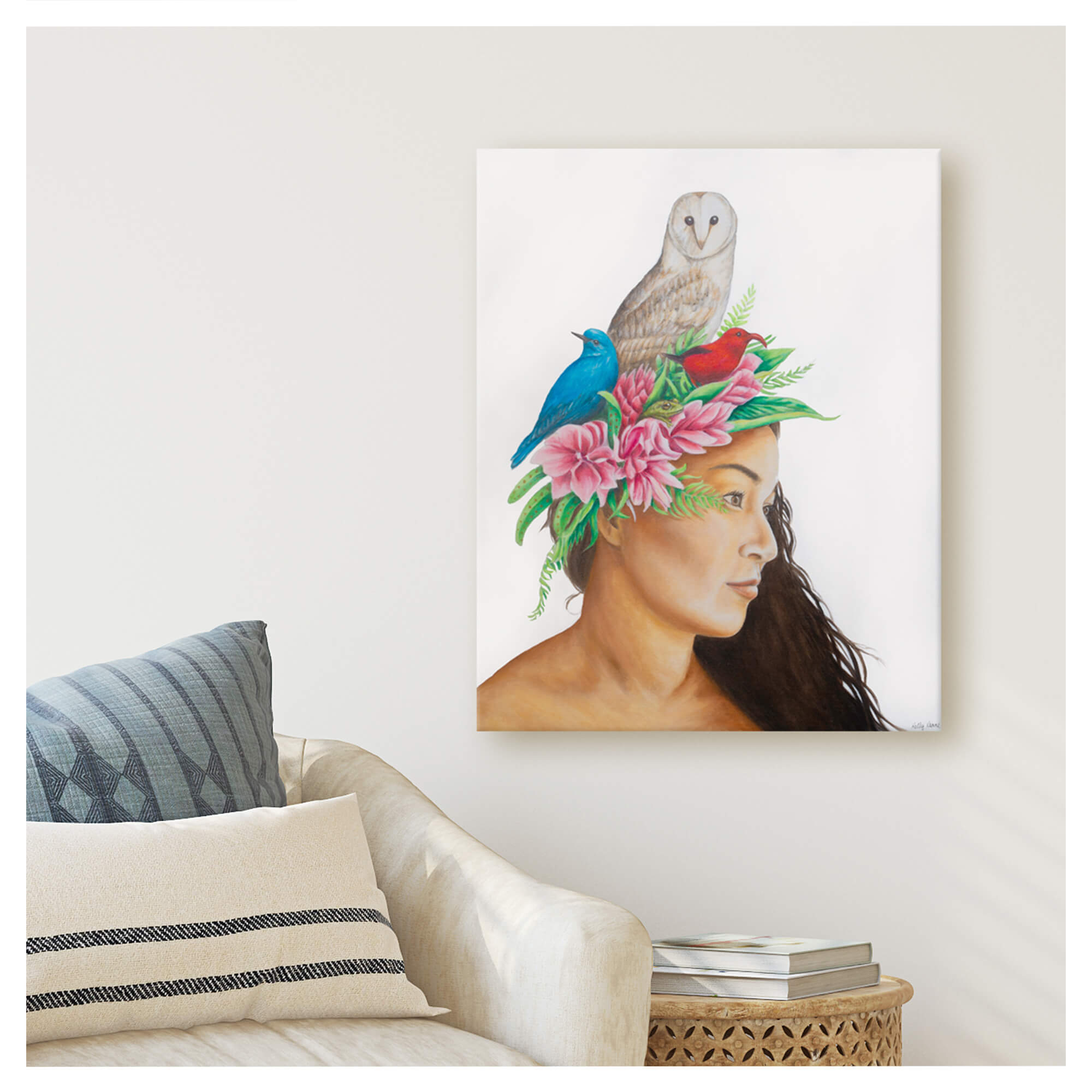 Canvas art print featuring a woman with an owl on her head by hawaii artist Kelly Keane