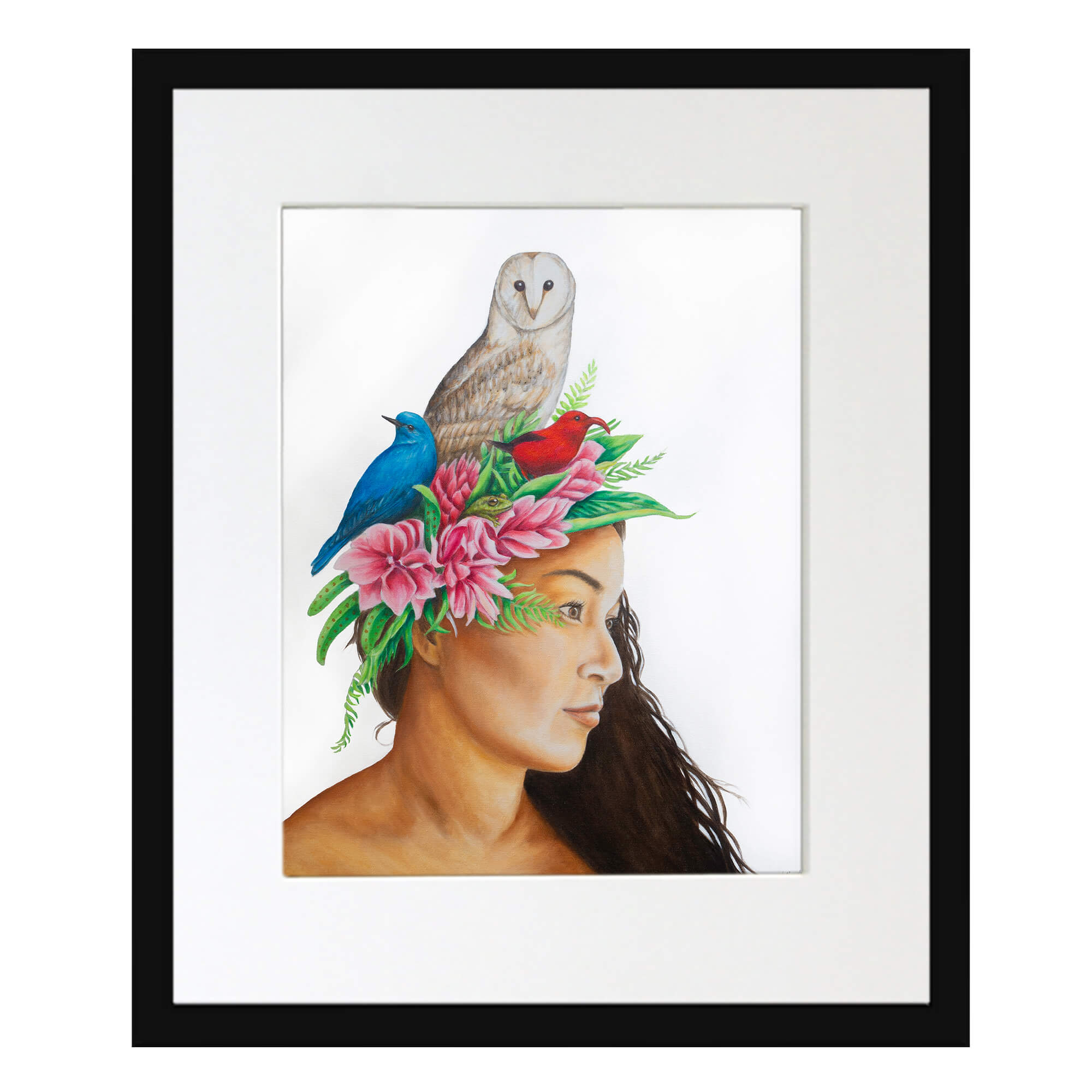 A matted art print with black frame featuring a a woman with brown hair by hawaii artist Kelly Keane