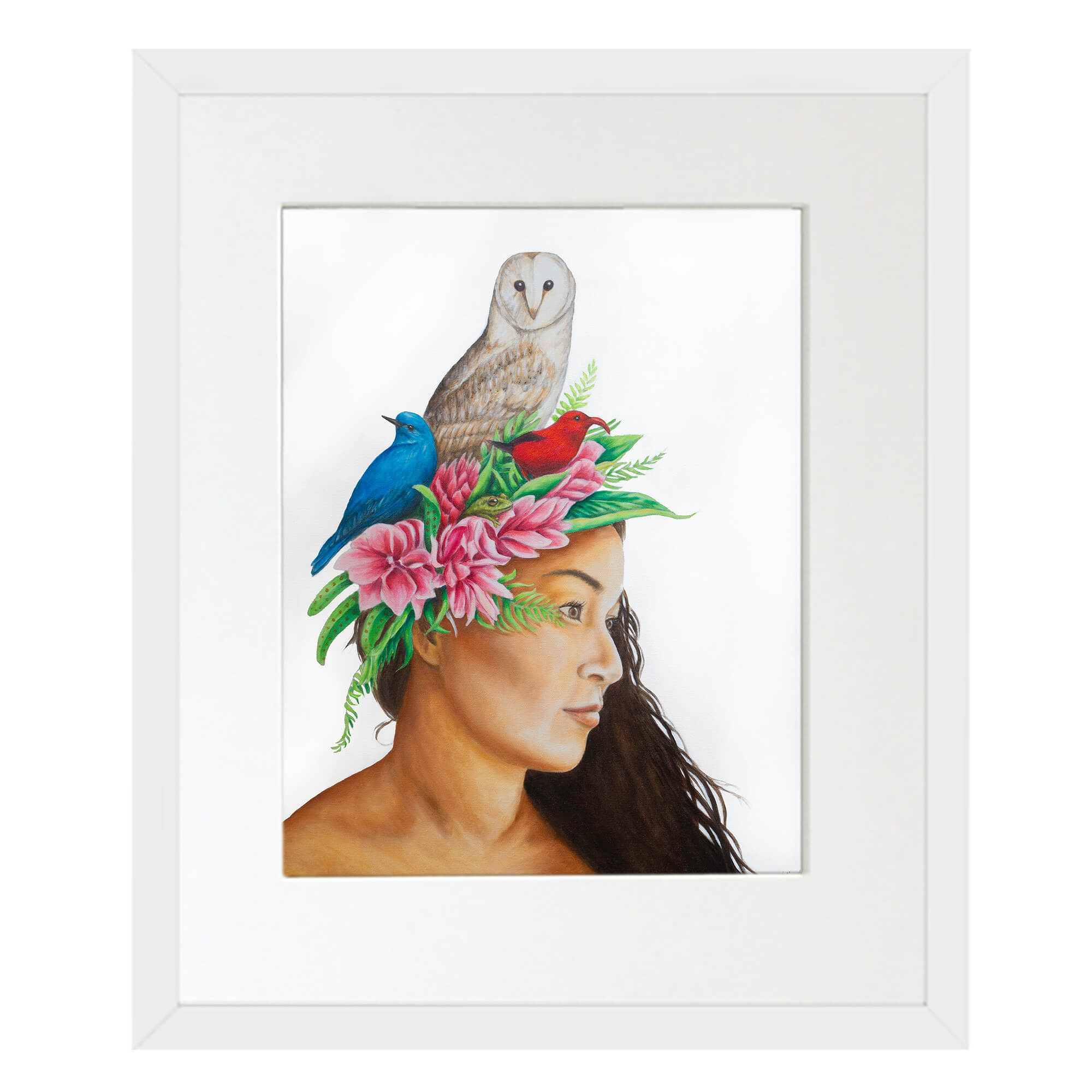 Matted art print with white frame featuring a girl wearing a lei with pink flowers by hawaii artist Kelly Keane