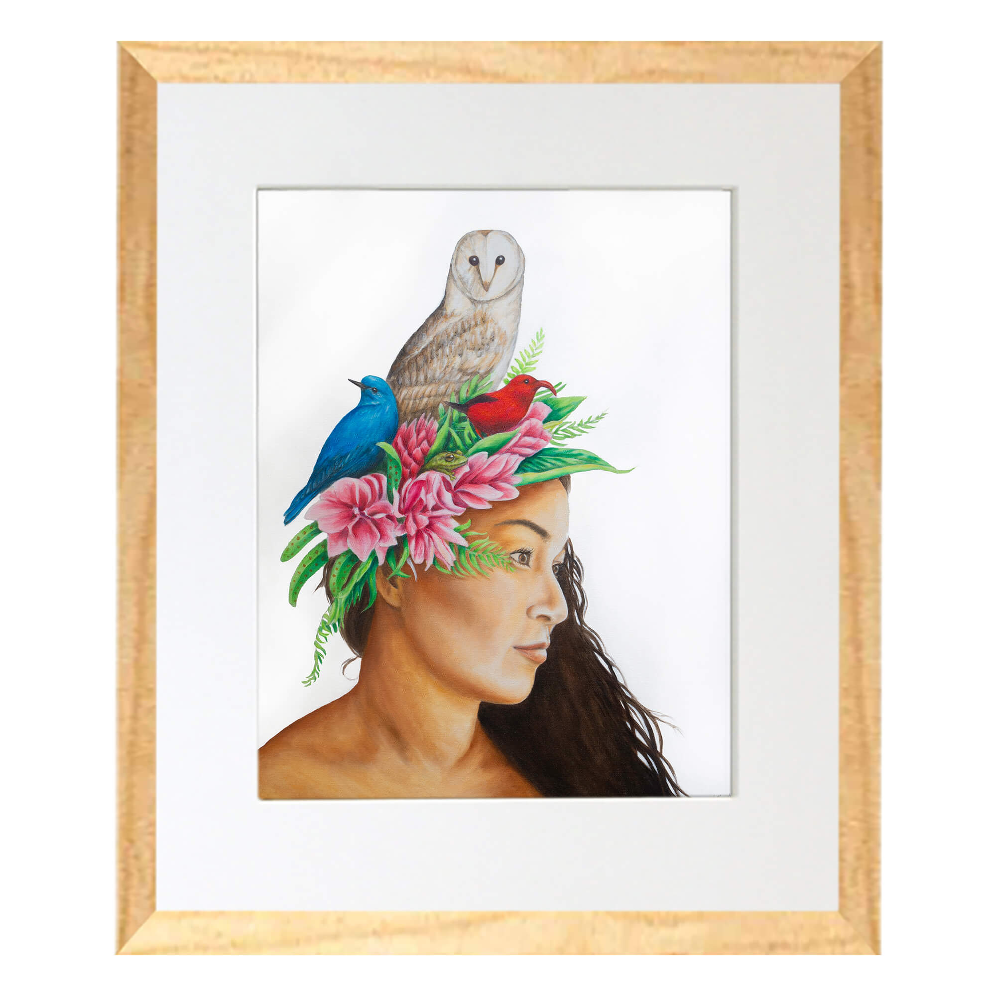 Matted art print with wood frame featuring a woman with brown hair with a flowery veil by hawaii artist Kelly Keane