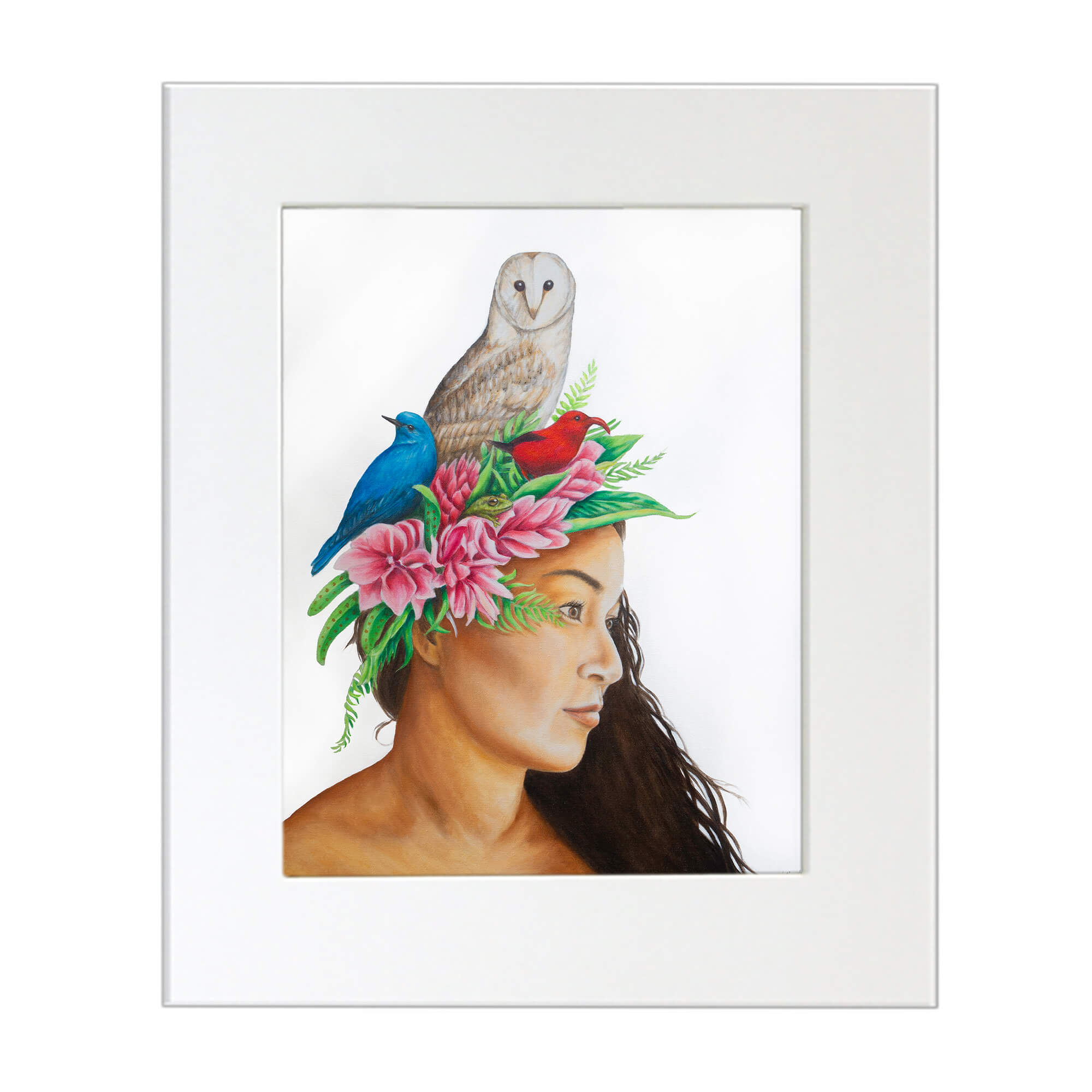 Matted art print of as woman with two birds on her head by hawaii artist Kelly Keane