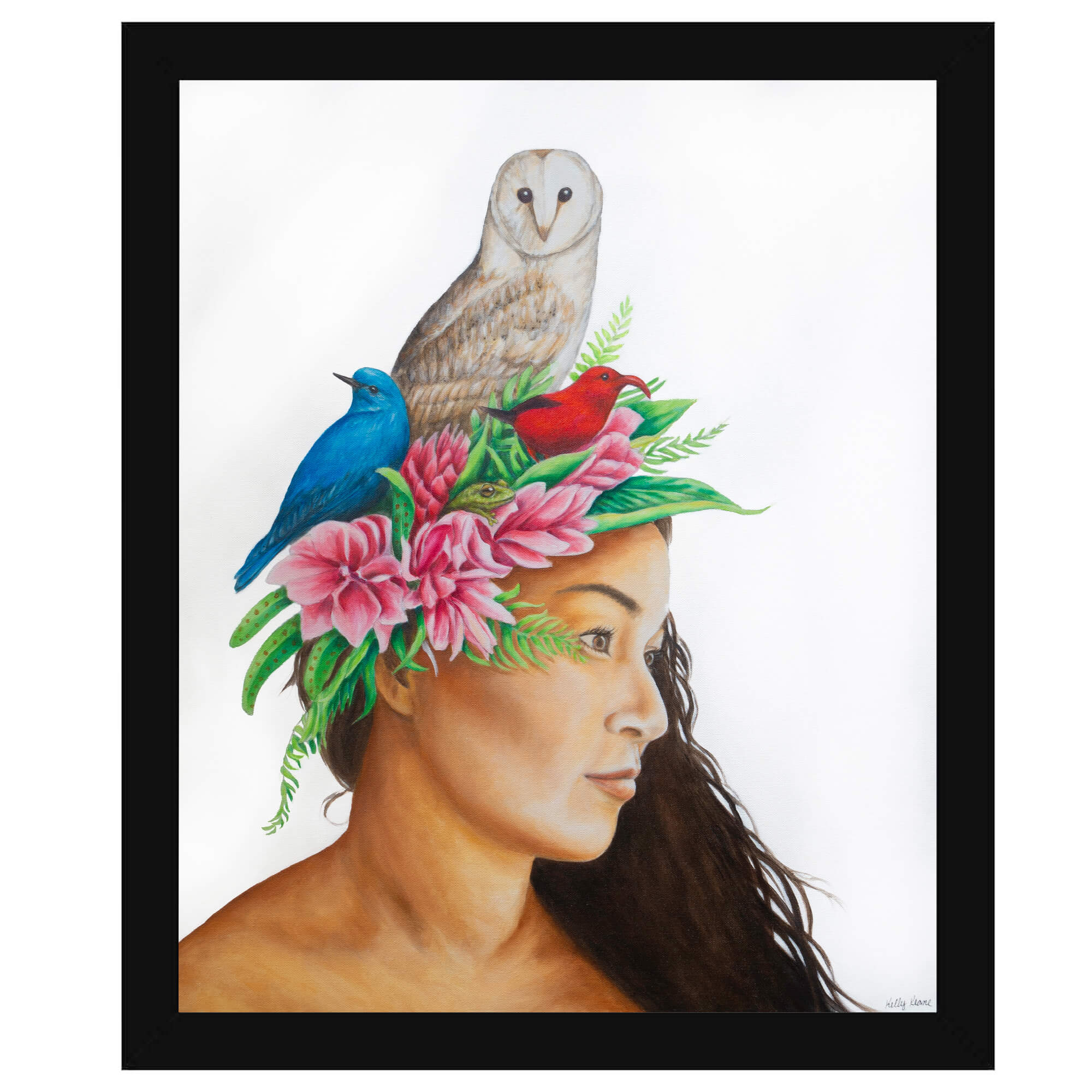 Paper art print with black frame depicting a woman with brown eyes and hair by hawaii artist Kelly Keane