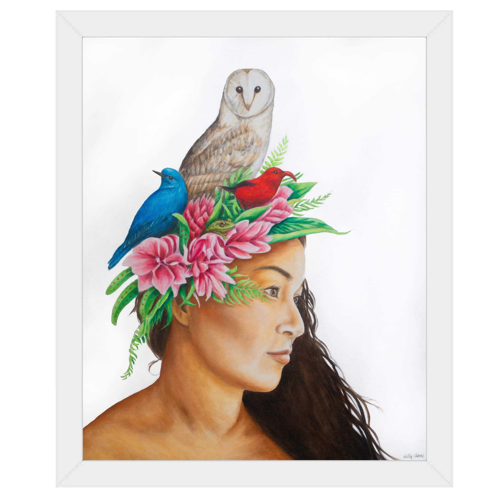 Paper art print of woman with some colorful birds on her head by Hawaii artist Kelly Keane