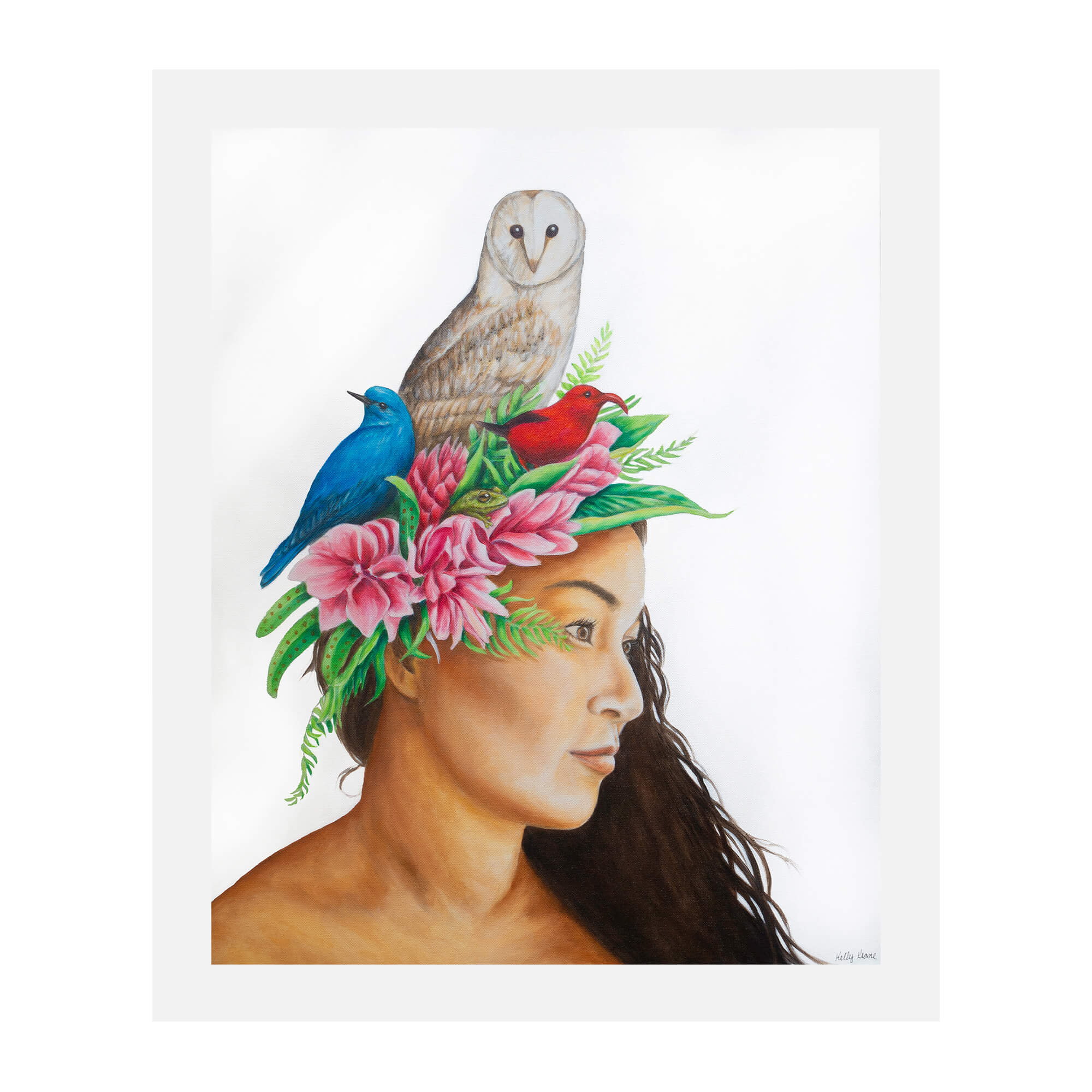 Paper art print of a woman wearing a pink colored lei with birds on it by hawaii artist Kelly Keane