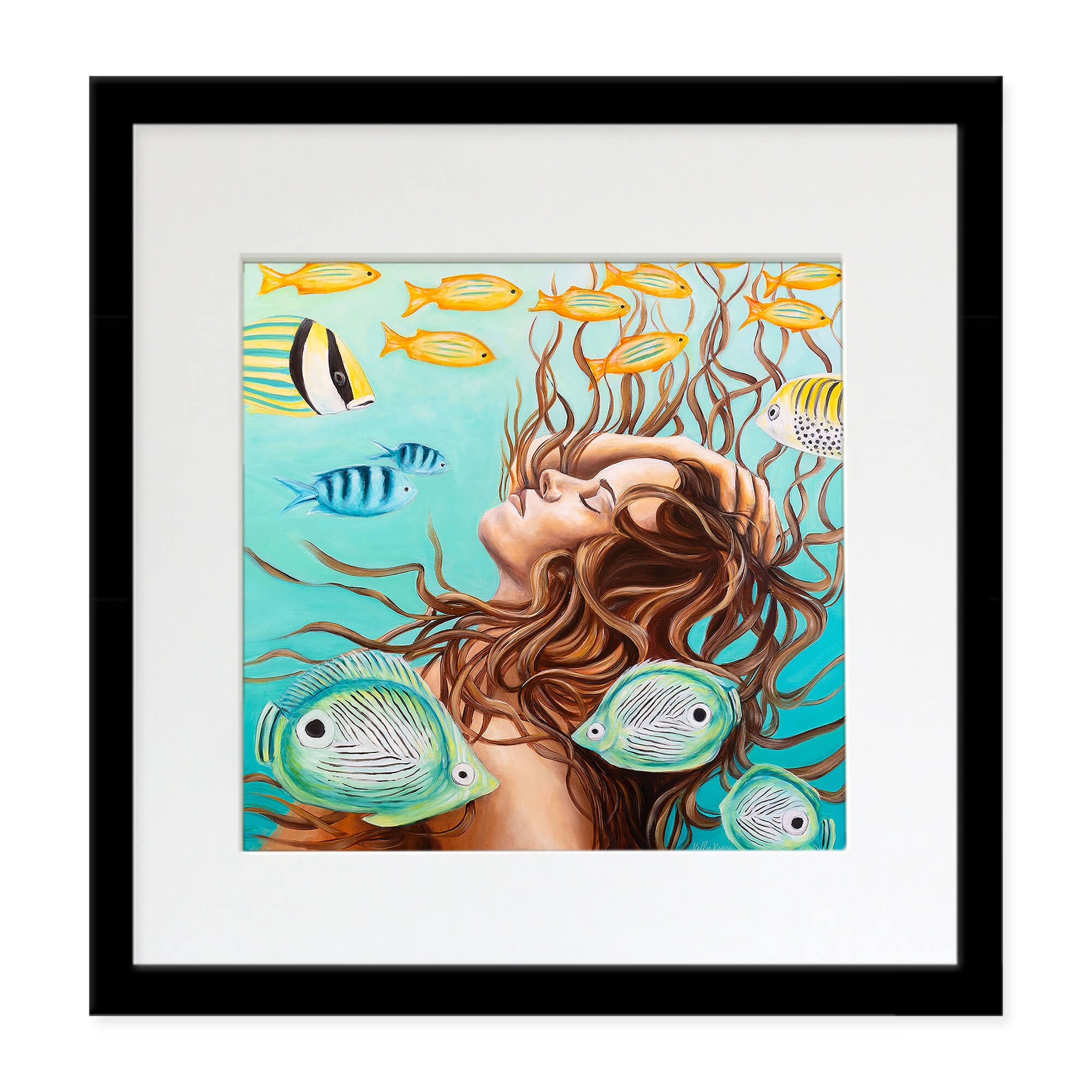 Matted art print of a beautiful woman underwater by Hawaii artist Kelly Keane