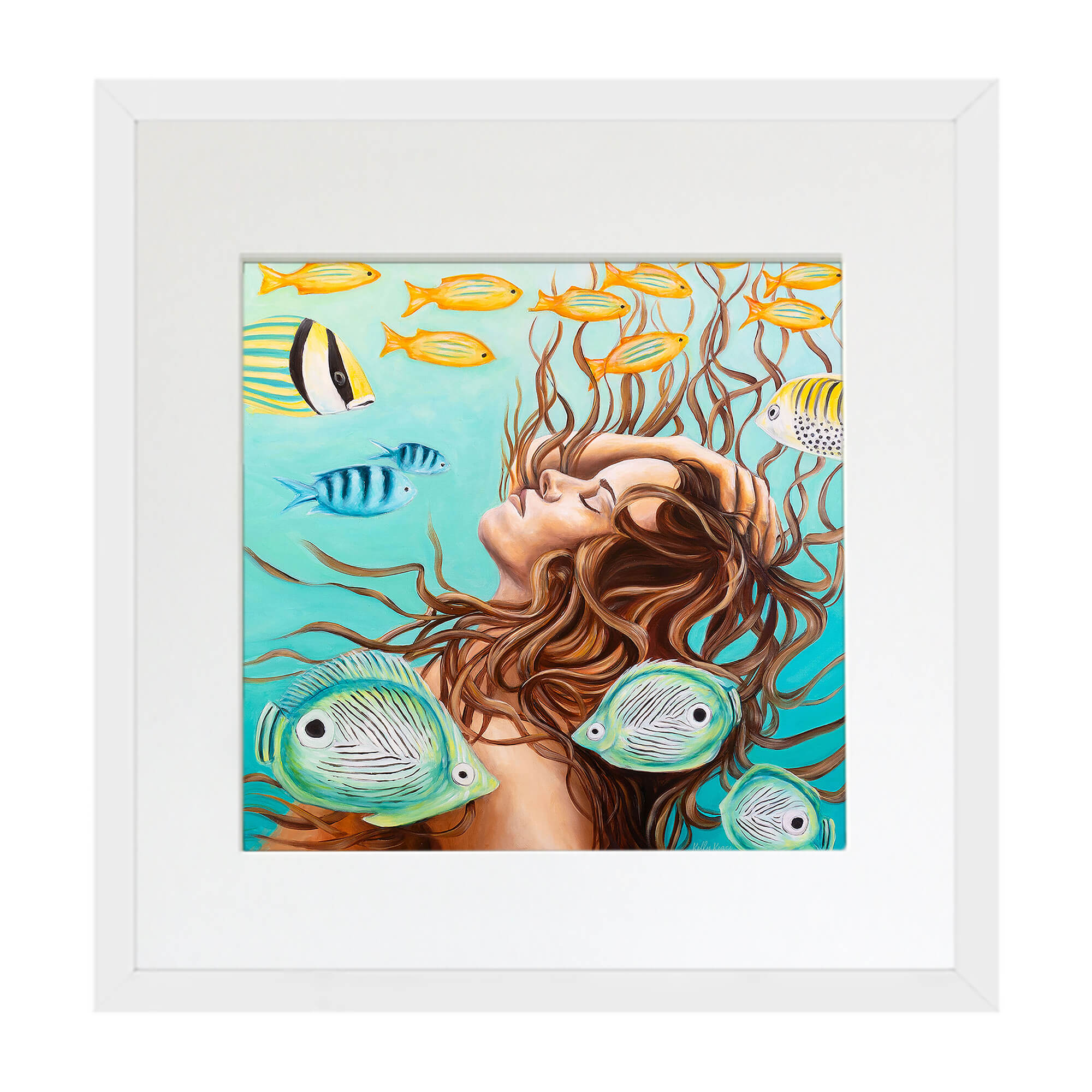 Matted art print of a woman in a crystal-clear water by Hawaii artist Kelly Keane