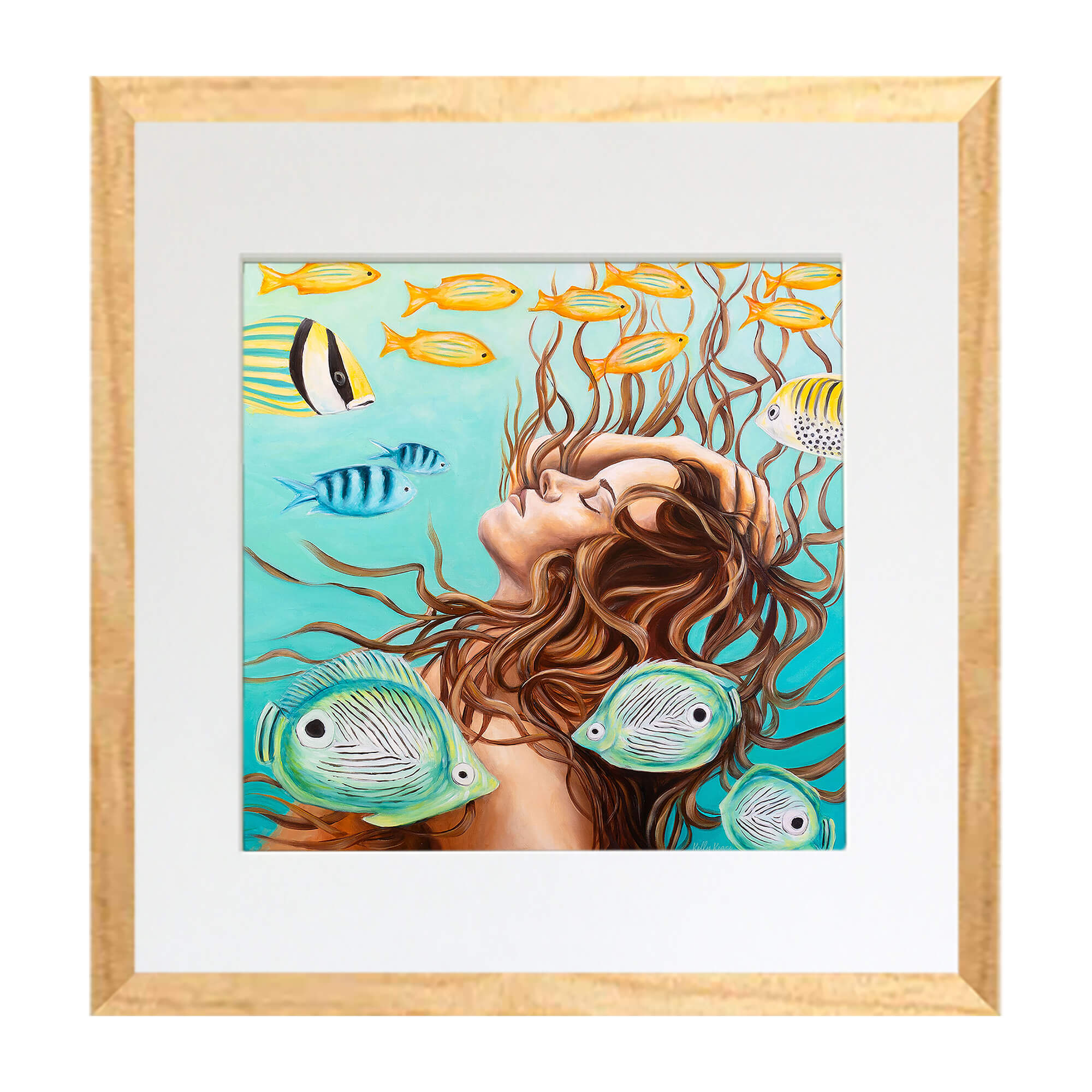Matted art print featuring a woman underwater with some tropical fish by Hawaii artist Kelly Keane