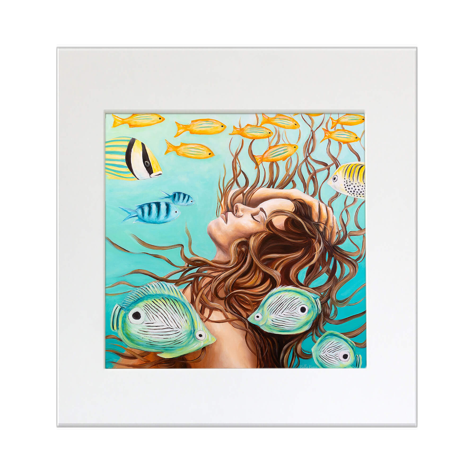 Matted art print of a woman surrounded by some colorful fish by Hawaii artist Kelly Keane 