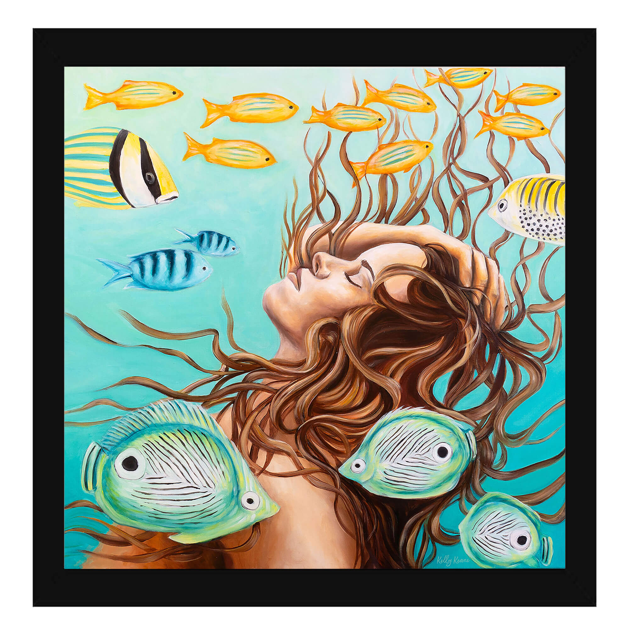 Paper art print featuring a woman with closed eyes under clear teal waters by Hawaii artist Kelly Keane
