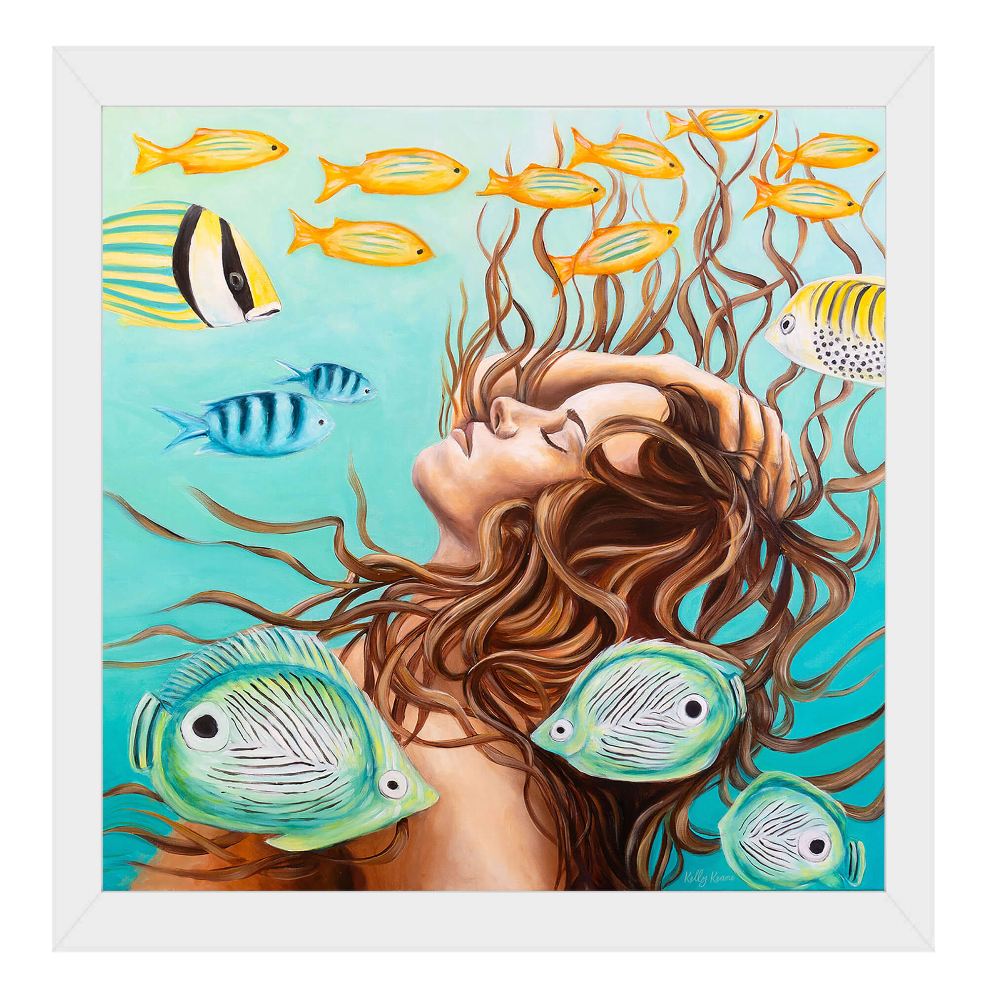 Paper art print of a woman under clear teal colored water by Hawaii artist Kelly Keane