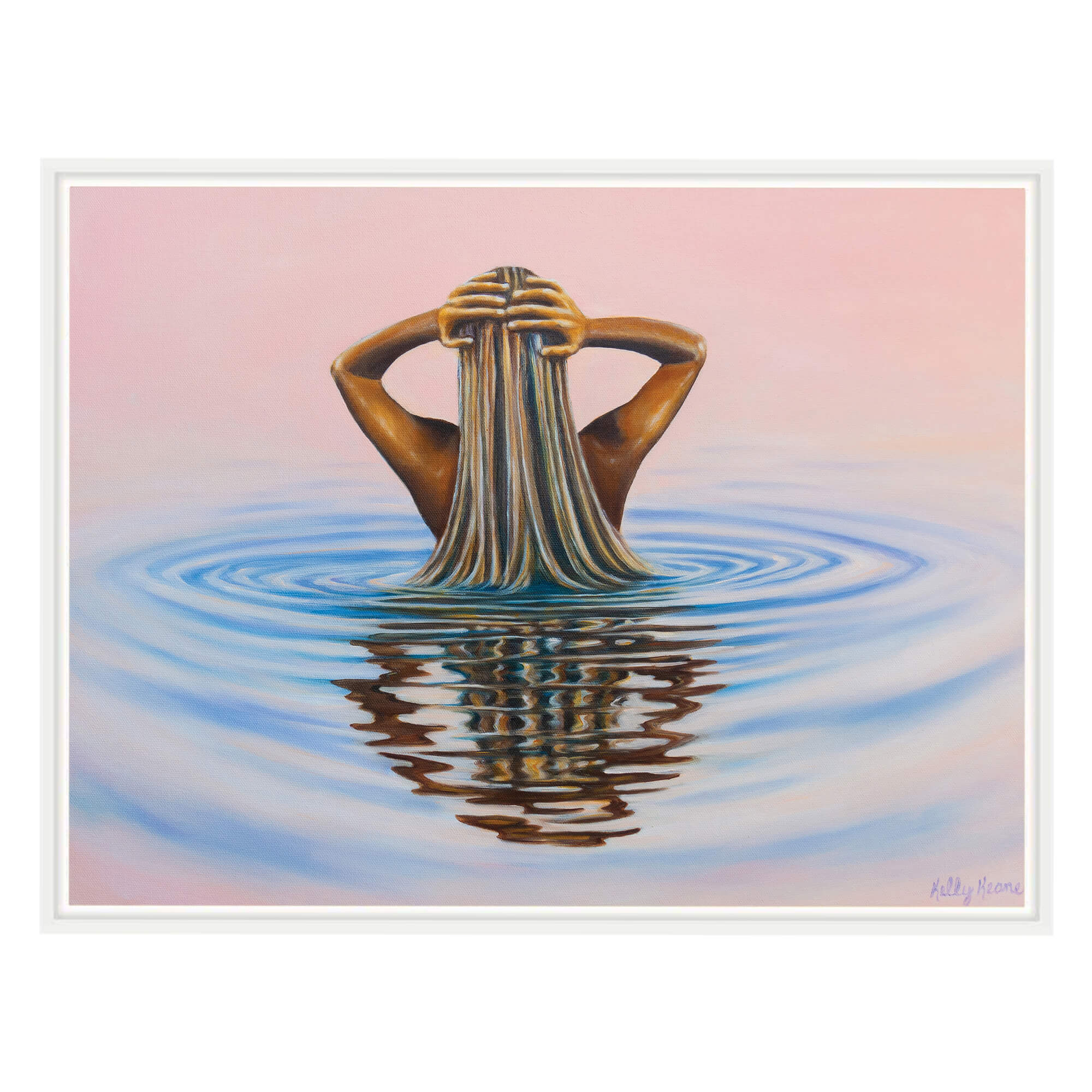 Canvas art print of a woman facing back in the water with pink-hued sky by Hawaii artist Kelly Keane