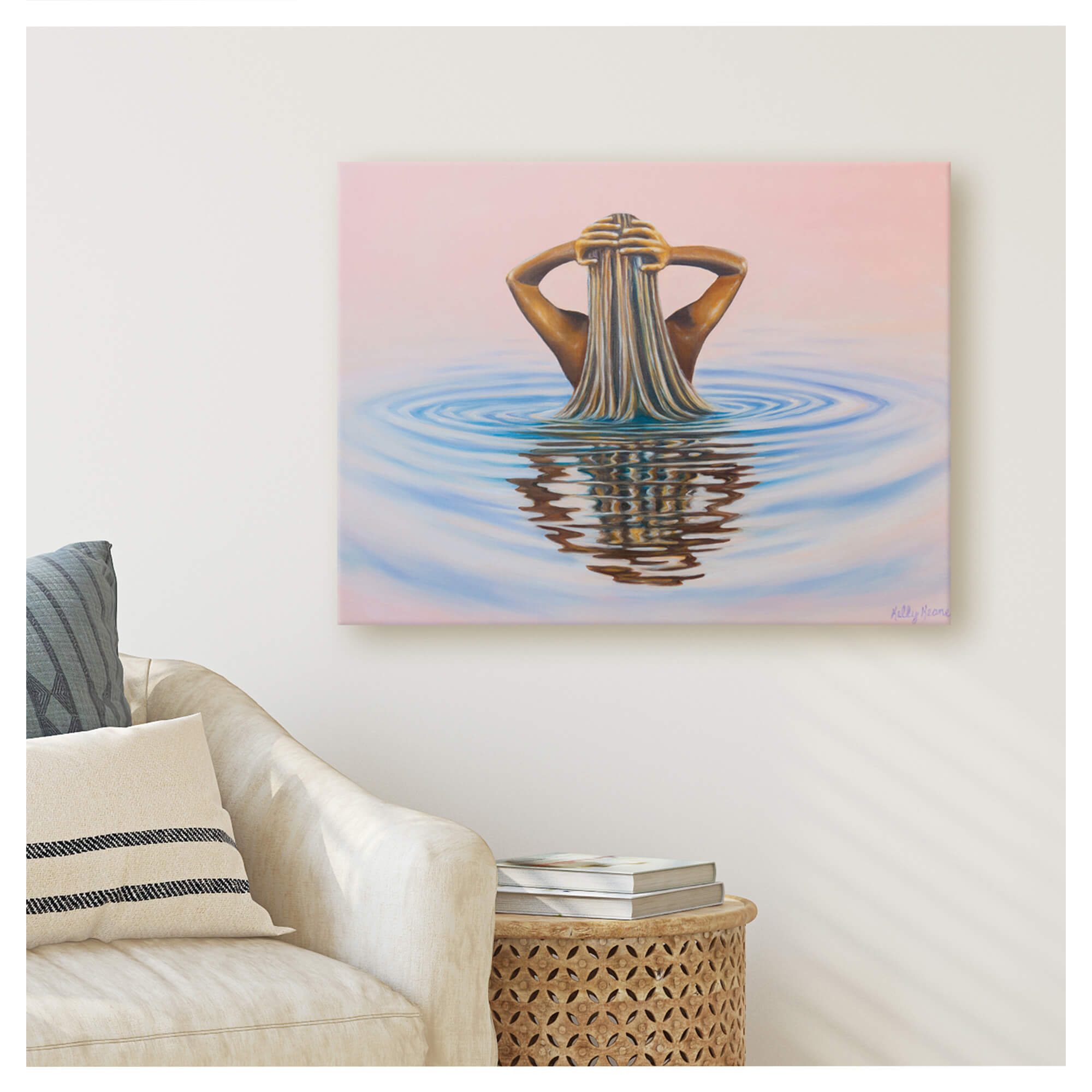 Canvas art print of a woman in the water with pastel colored background by Hawaii artist Kelly Keane