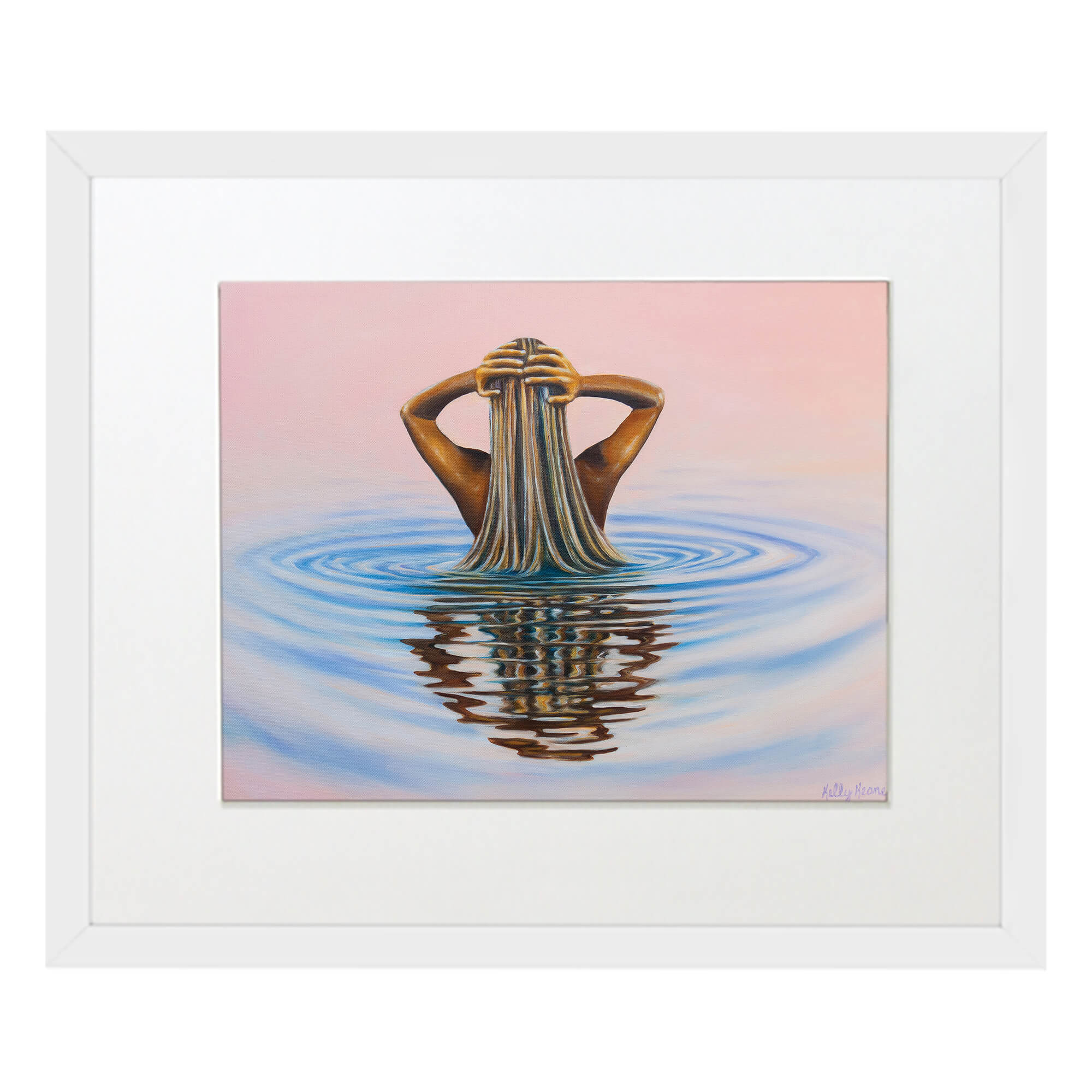 Matted art print of a woman in the water reflecting the pastel colors of the sunrise sky by Hawaii artist Kelly Keane