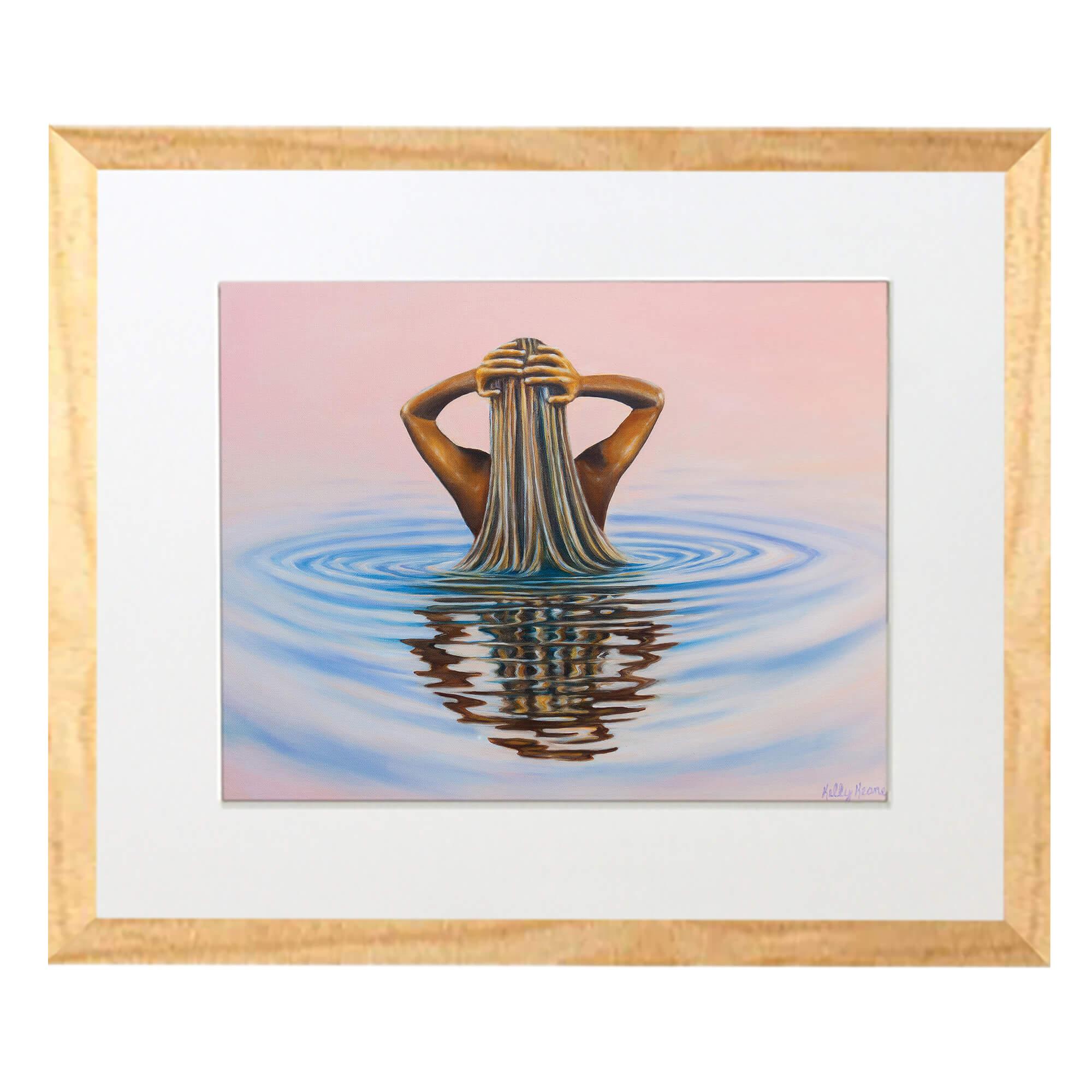 Matted art print featuring a woman in a pastel colored ocean water by Hawaii artist Kelly Keane