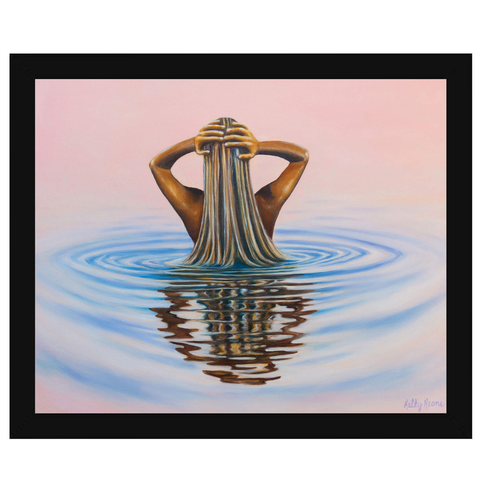 Paper art print of a blonde woman facing back with crystal clear ocean water by Hawaii artist Kelly Keane