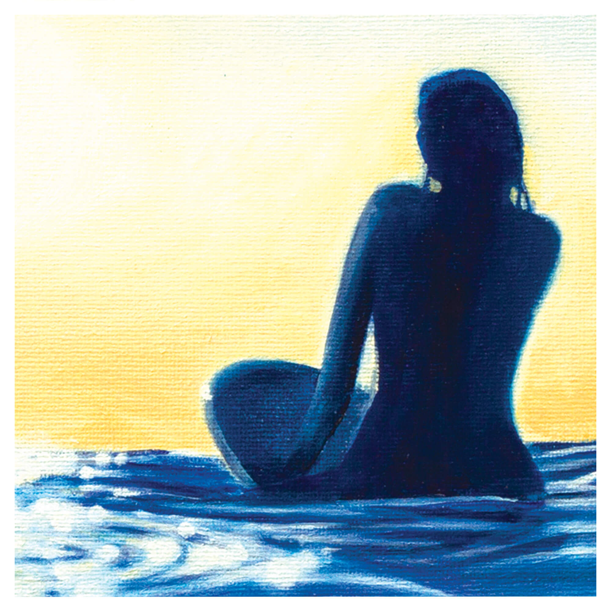 A painting of a woman on a surf boeard by hawaii artist Kelly Keane