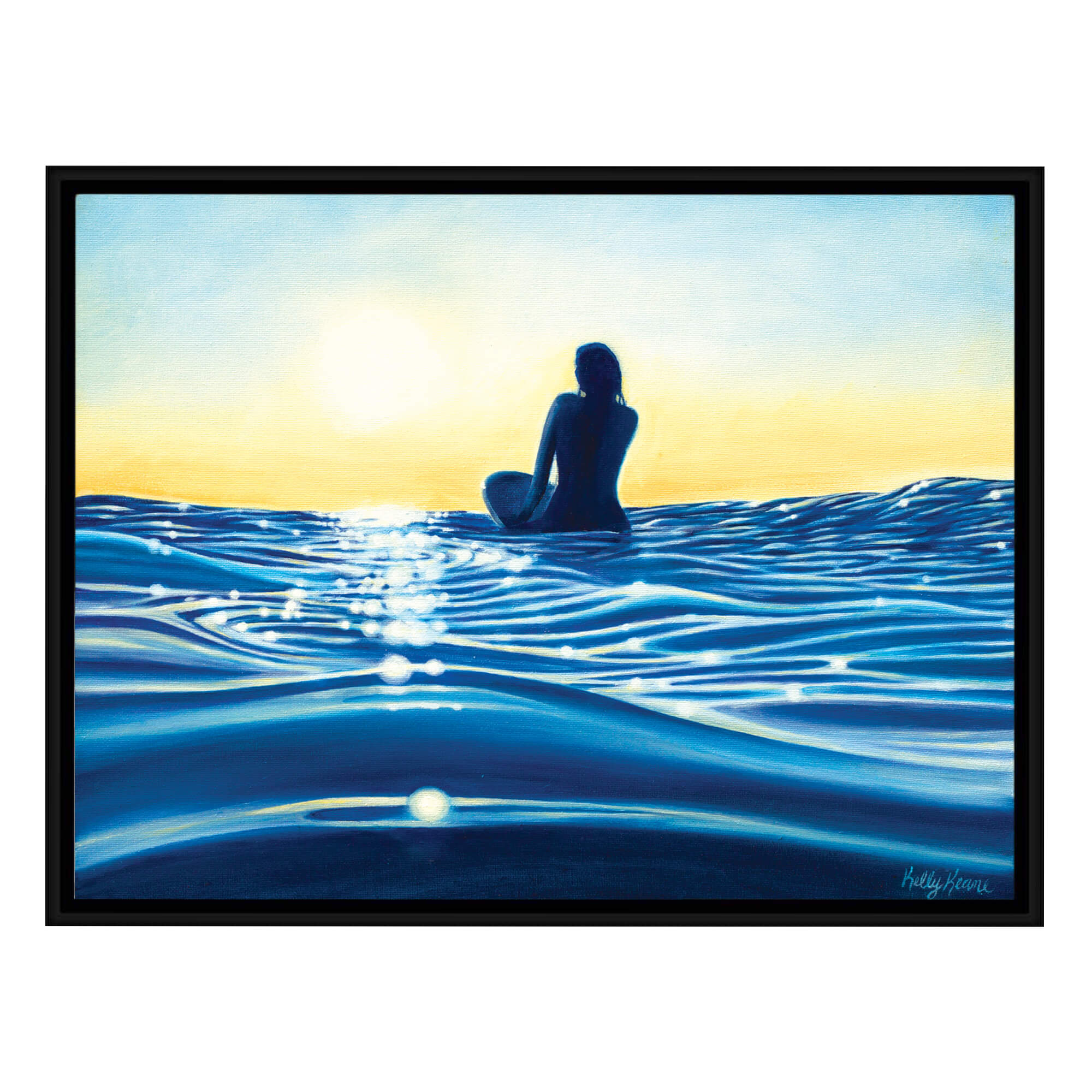 Canvas art print with black frame featuring a woman watching the sky by hawaii artist Kelly Keane 