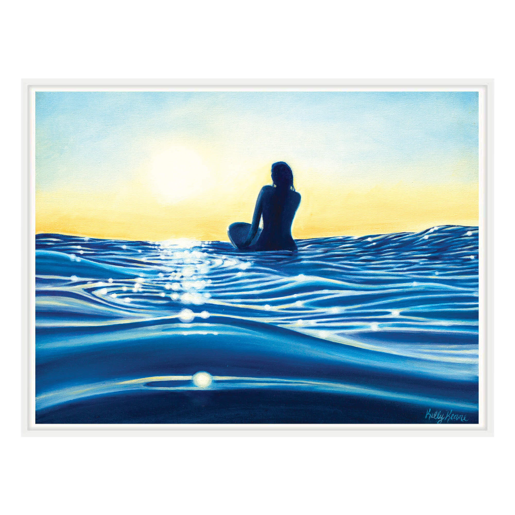 Canvas art print with white frame featuring a woman chilling on the deep blue waterby hawaii artist Kelly Keane 