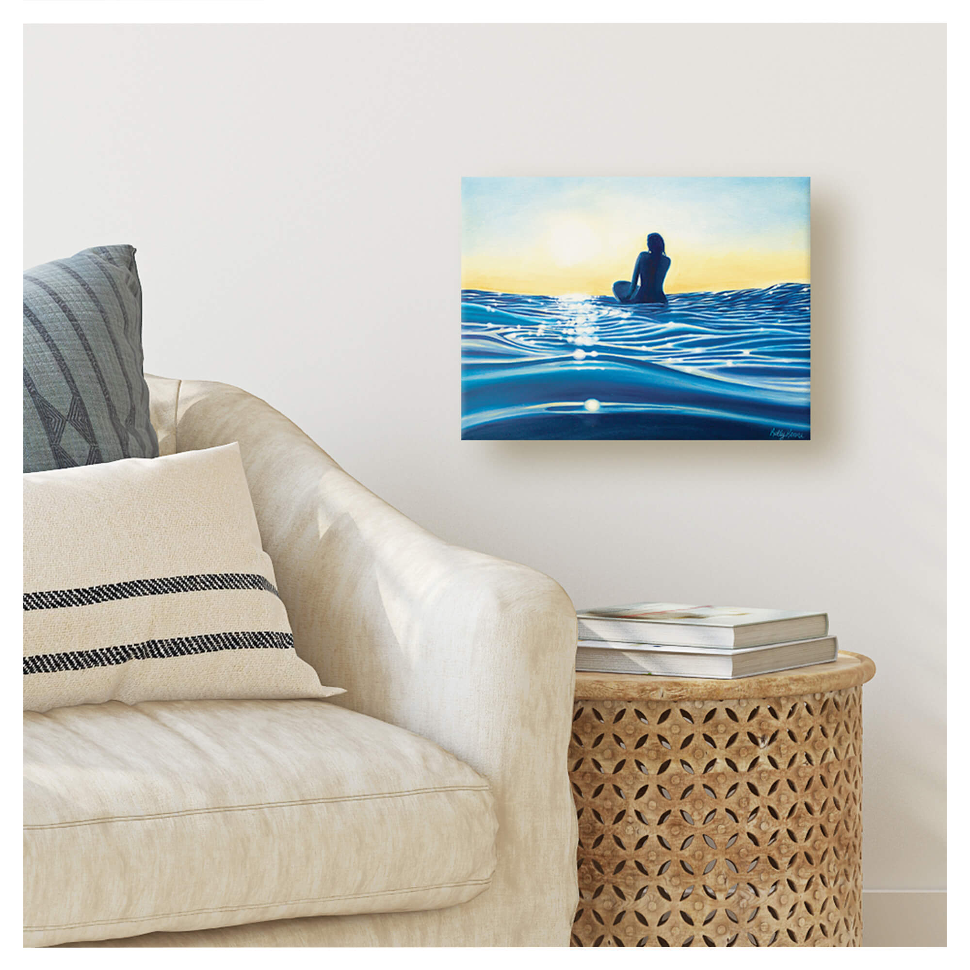 Canvas art print featuring a woman watching the sun set by hawaii artist Kelly Keane