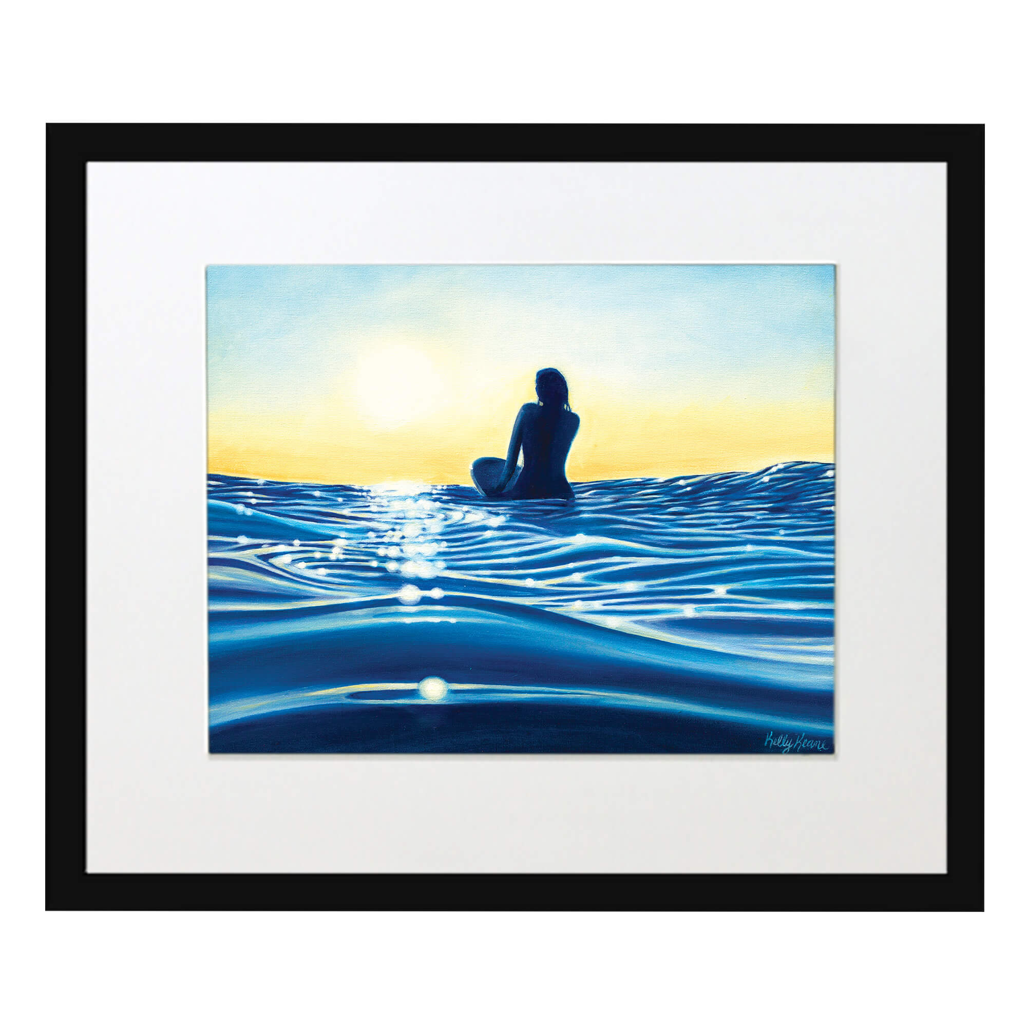 A matted art print with black frame featuring a woman surfing on calm waves by hawaii artist Kelly Keane 