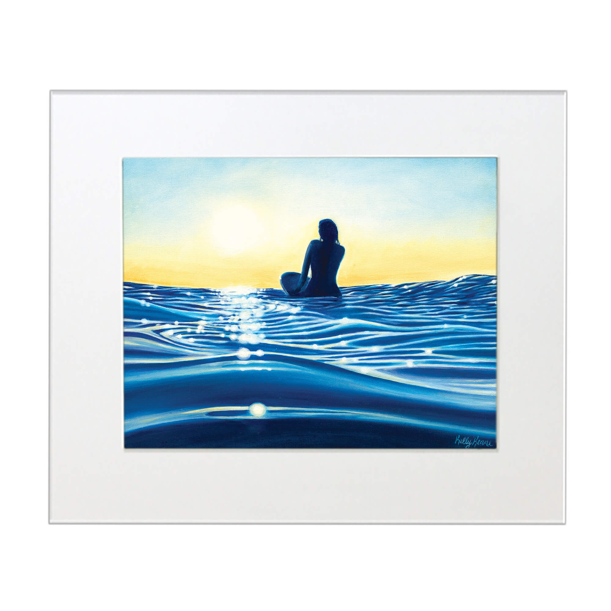 A matted print featuring a woman chilling on her surf board by hawaii artist Kelly Keane 