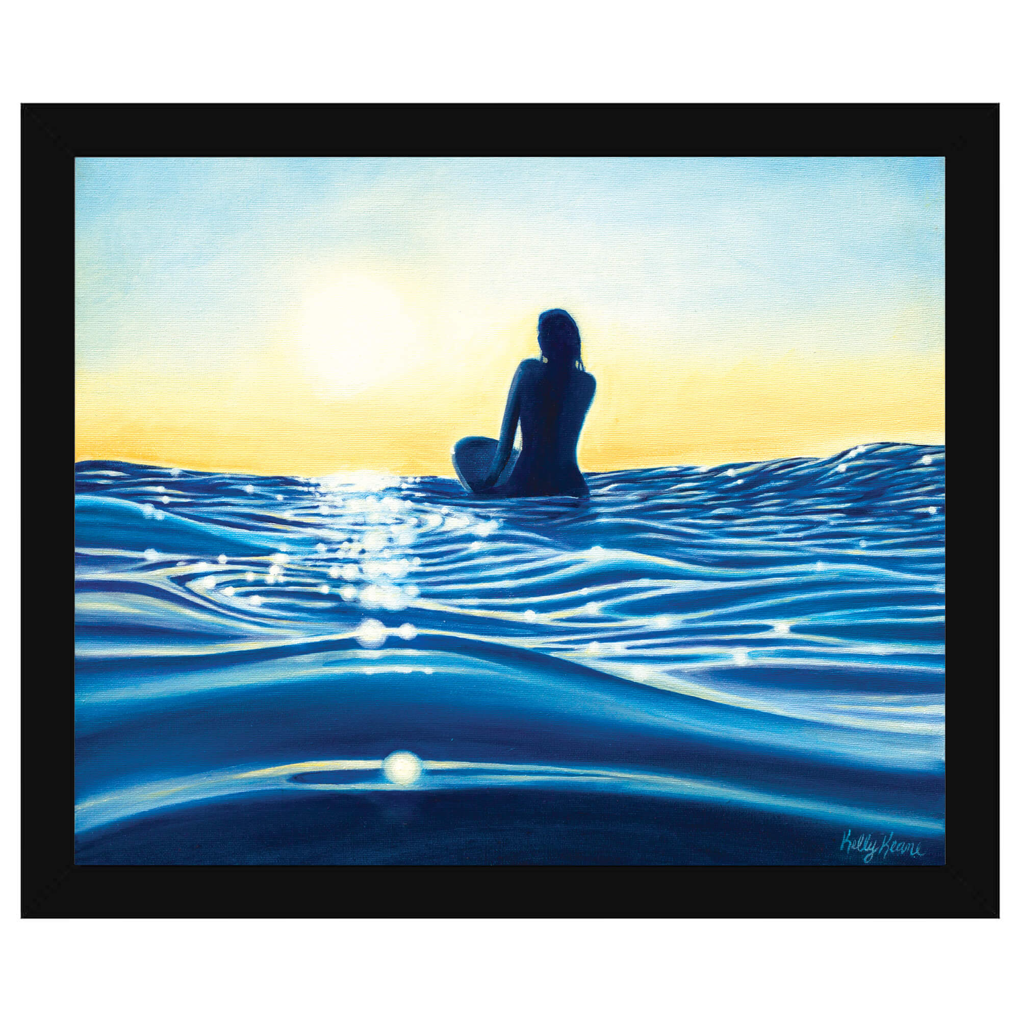 Pape art print with black frame featuring a woman sitting on the surf board while admiring the view by hawaii artist Kelly Keane 
