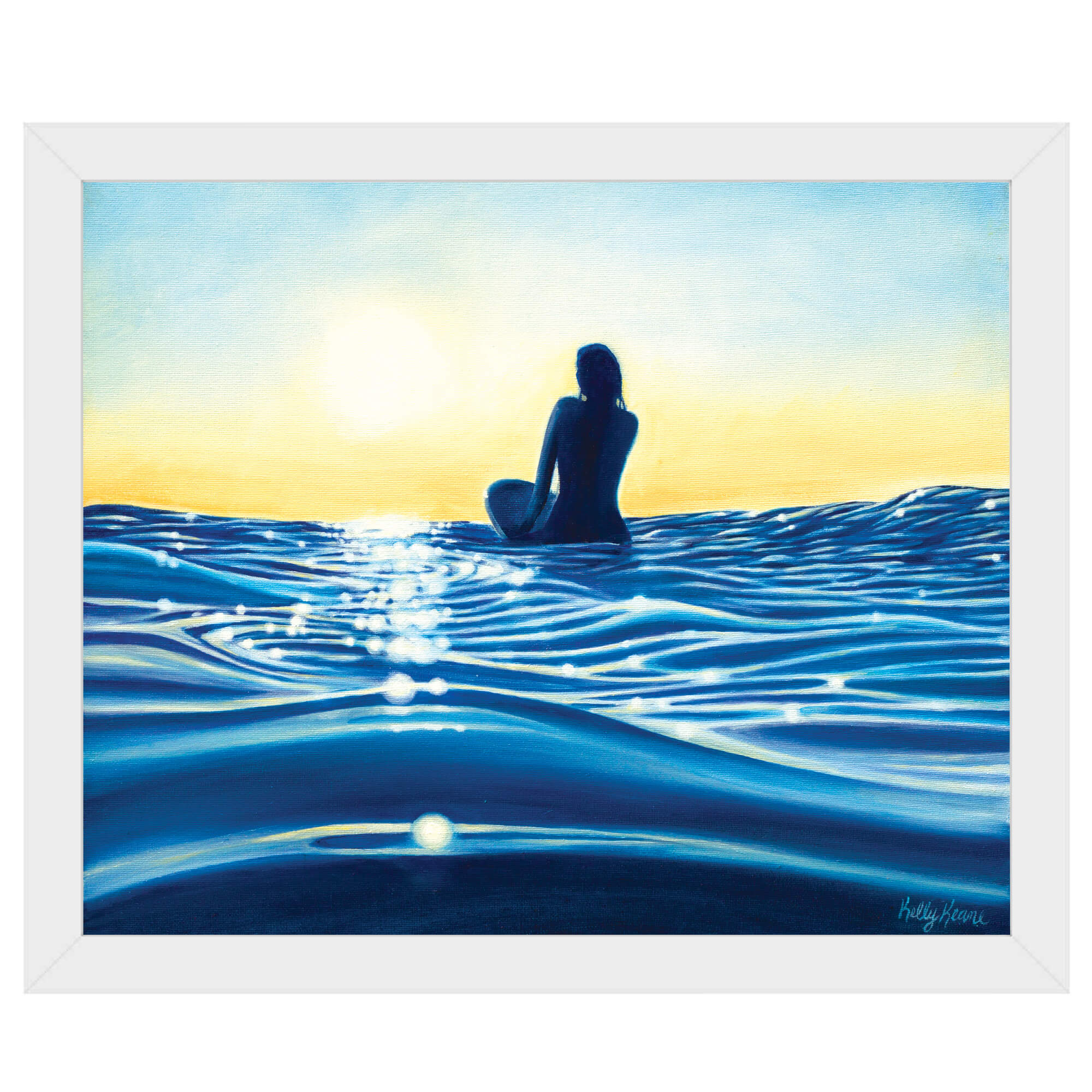 Paper art print with white frame showcasing a woman sitting on her surf board while appreciating the beautiful view  by hawaii artist Kelly Keane