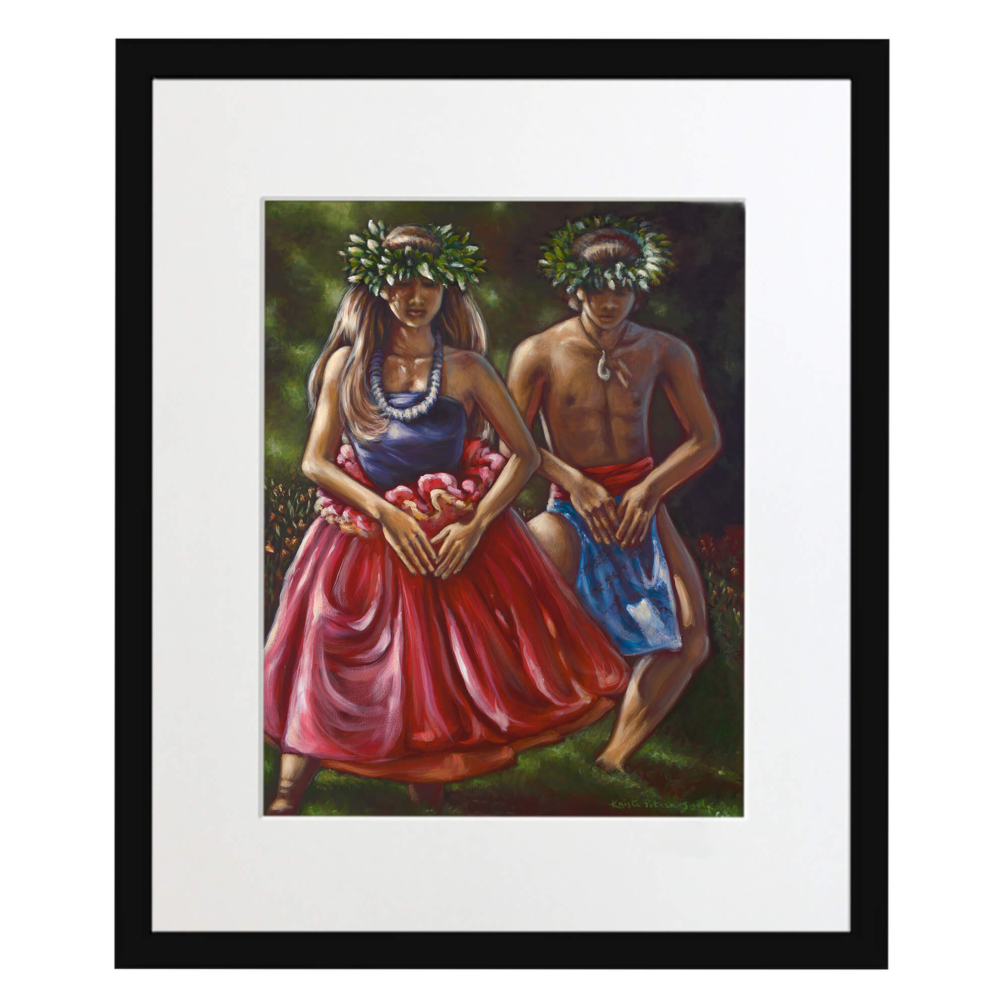 matted art print with black frame featuring a woman with a pink skirt  by hawaii artist Kristi Petosa