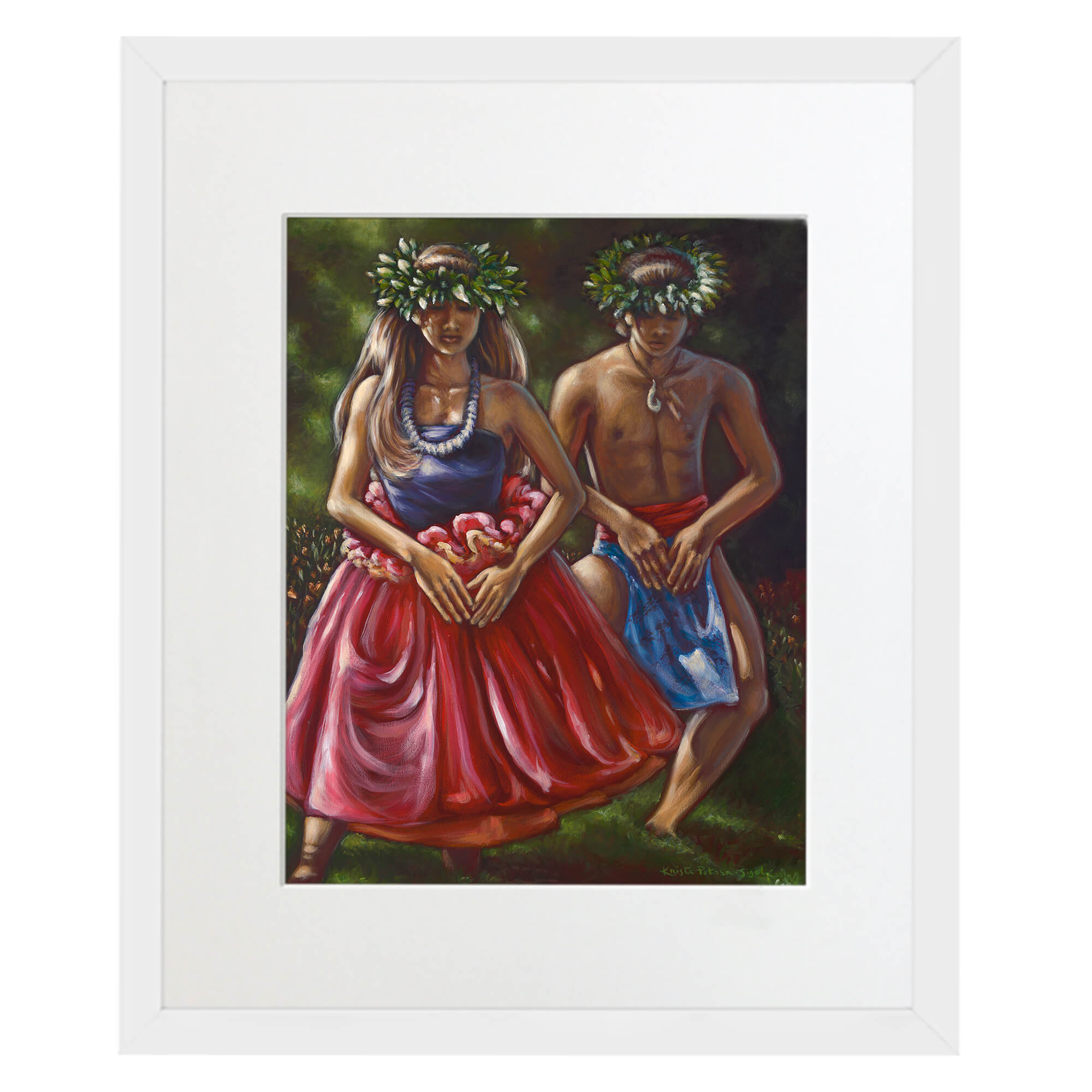 Matted art print with white frame featuring  a woman wearing a purple top  by hawaii artist Kristi Petosa