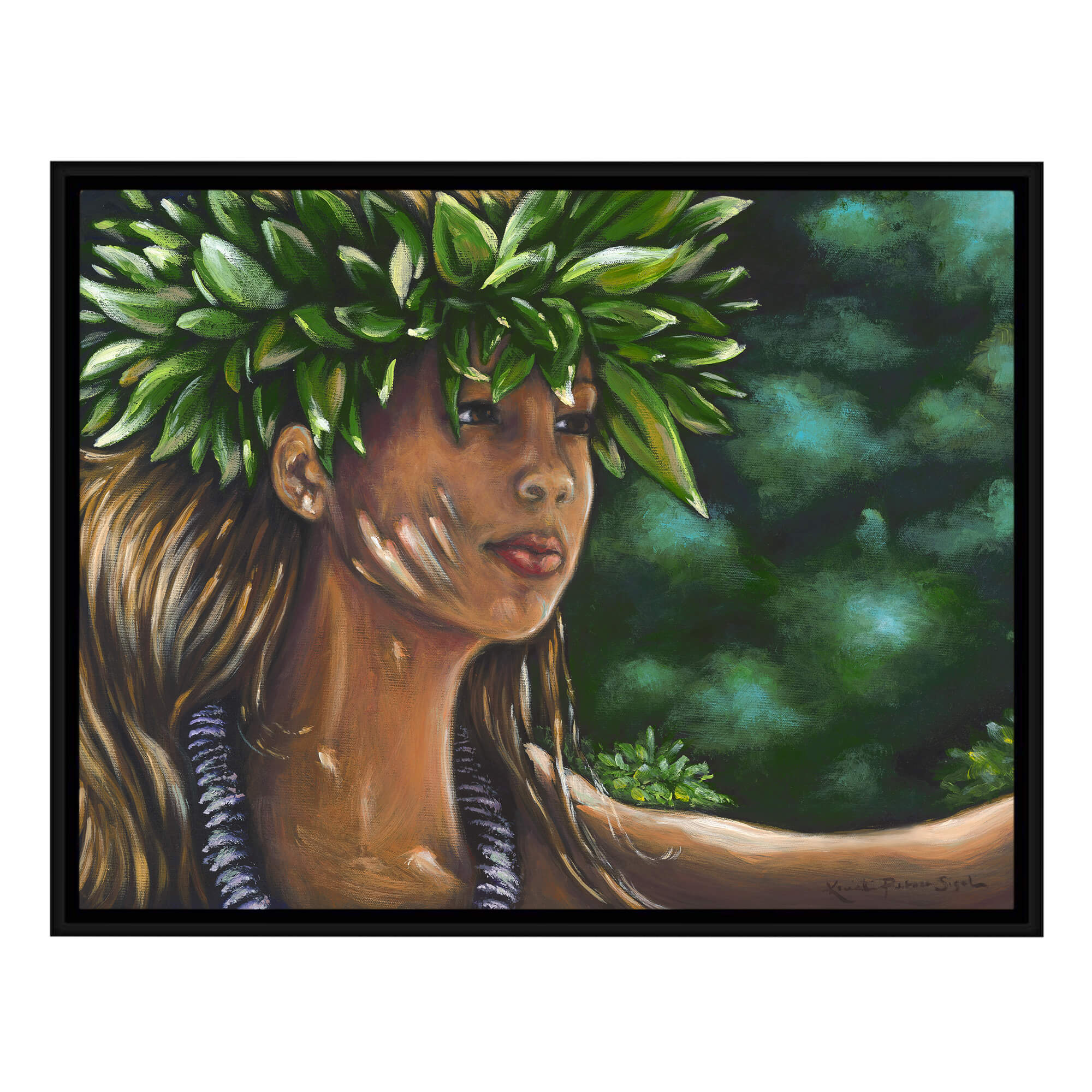 Canvas art print with black frame wearing a green head dress by hawaii artist Kristi Petosa