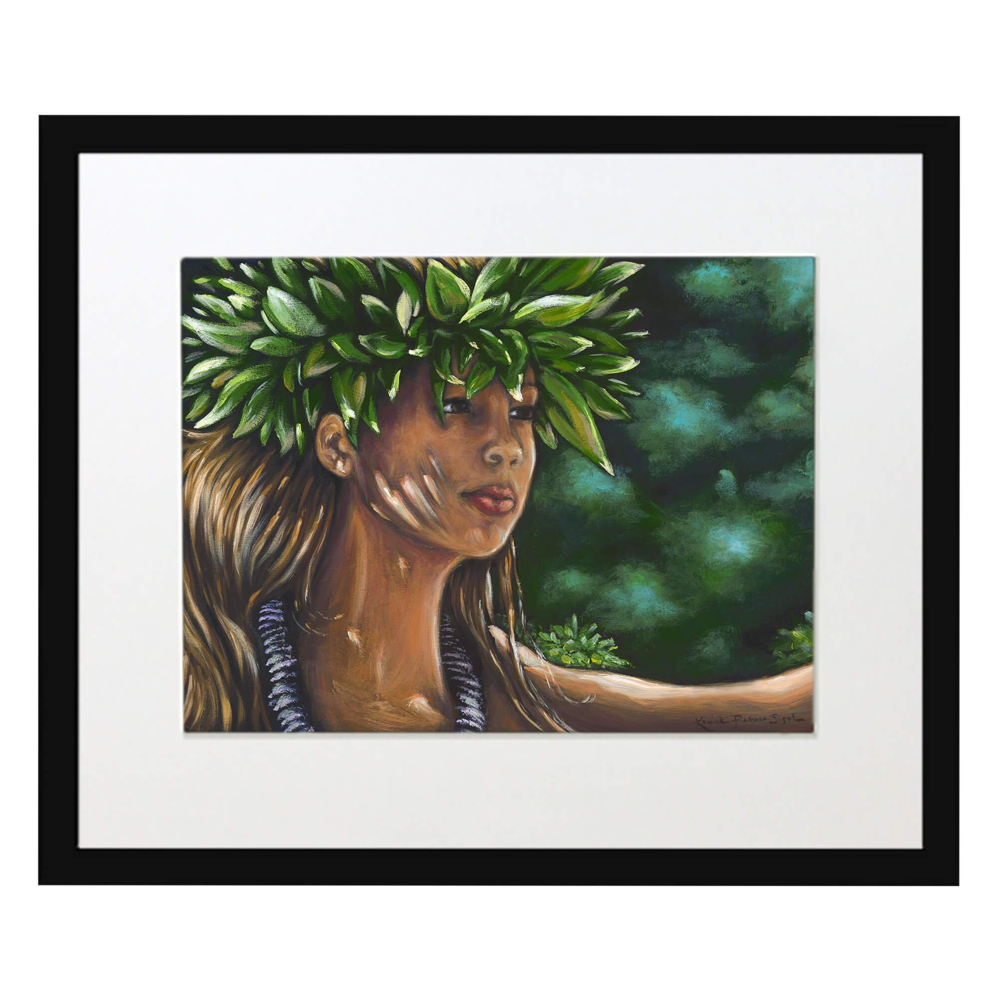 Matted art print with black frame featuring a a woman with brown eyes by hawaii artist Kristi Petosa
