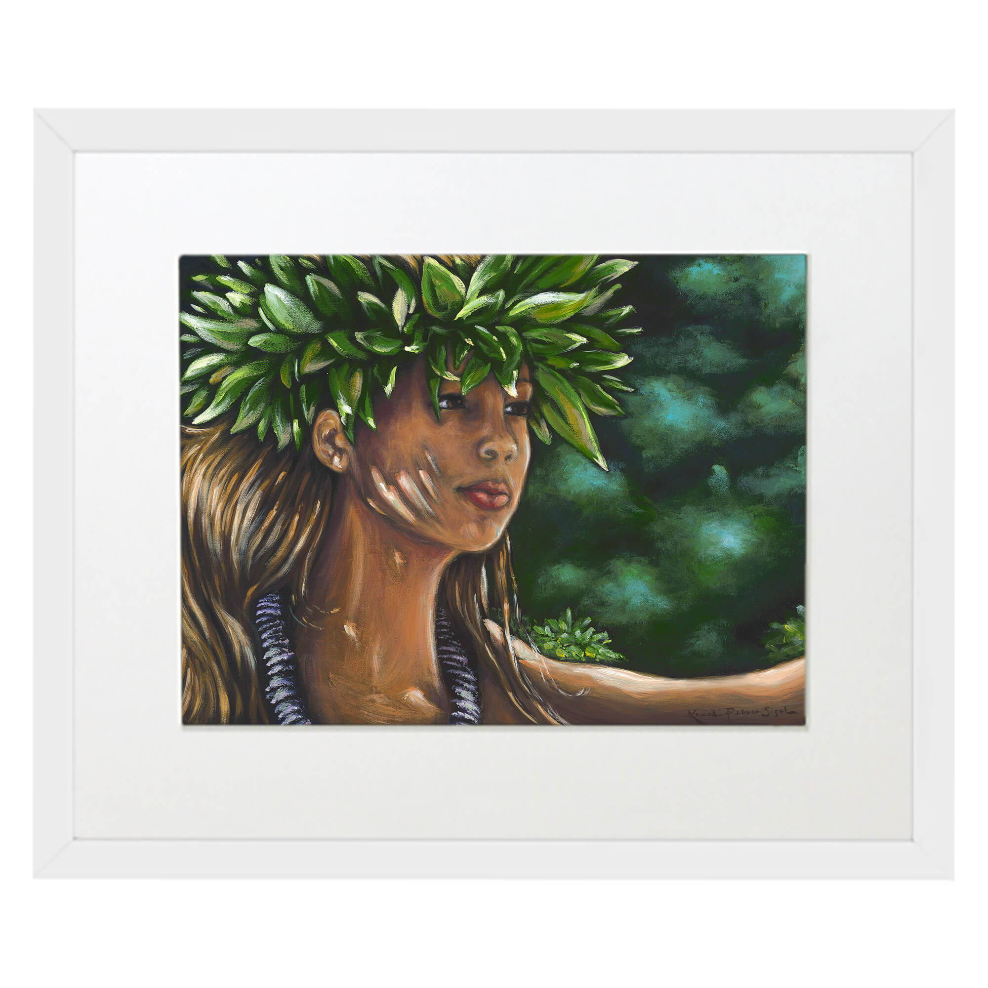 Matted art print with white frame featuring  a white necklace  by hawaii artist Kristi Petosa