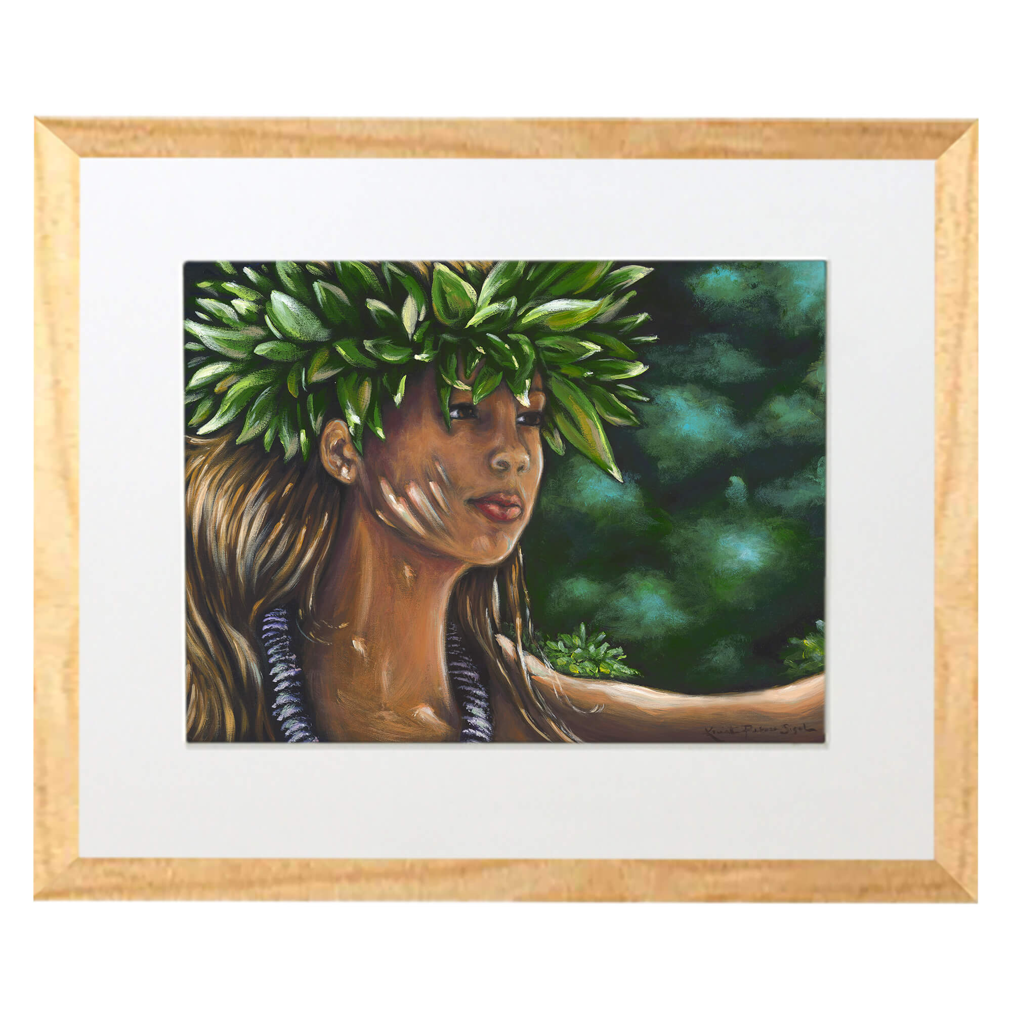 Matted art print with wood frame featuring a necklace by hawaii artist Kristi Petosa
