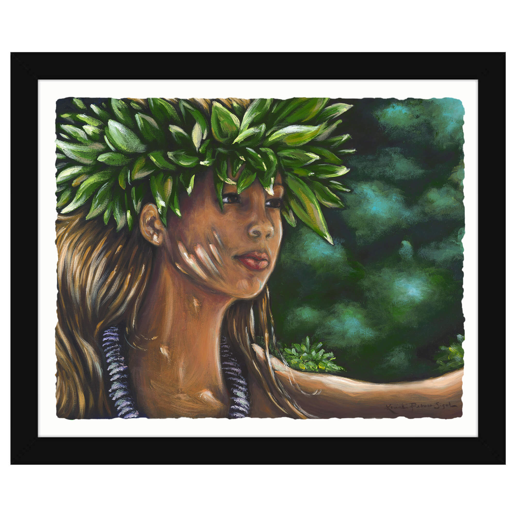 Paper art print with black frame featuring a beautiful woman by hawaii artist Kristi Petosa