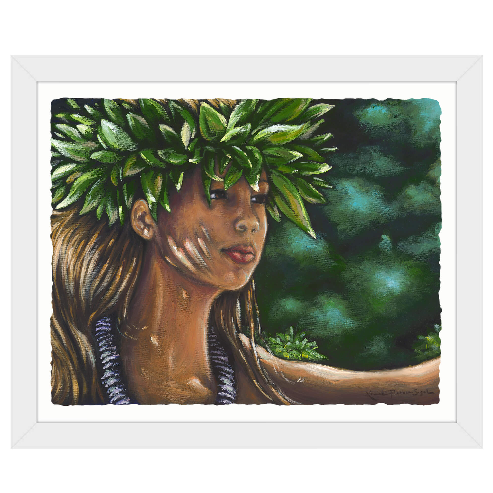 Paper art print with white frame featuring green leaves by hawaii artist Kristi Petosa