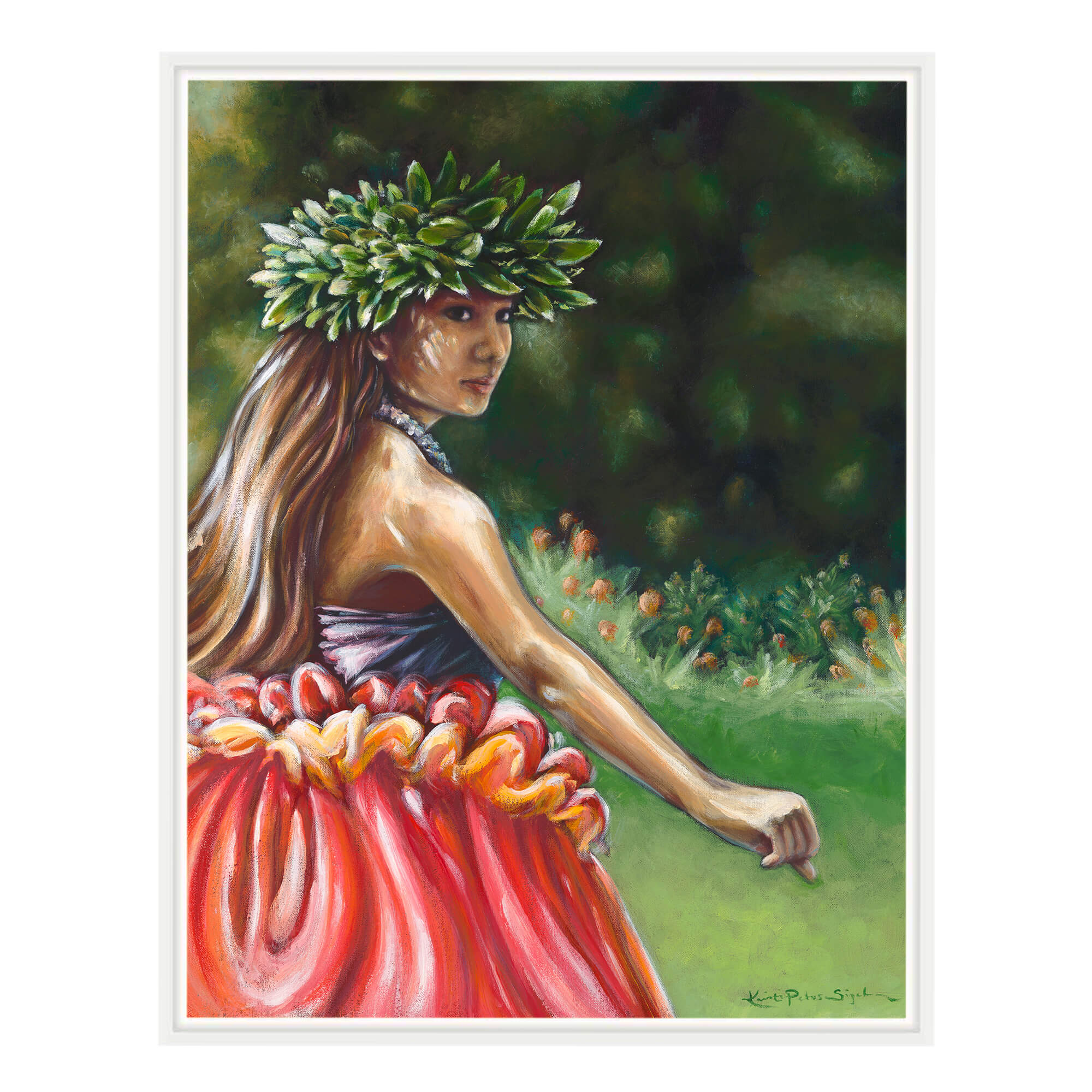 Canvas art print with white frame showcasing a woman with brown eyes  by hawaii artist Kristi Petosa