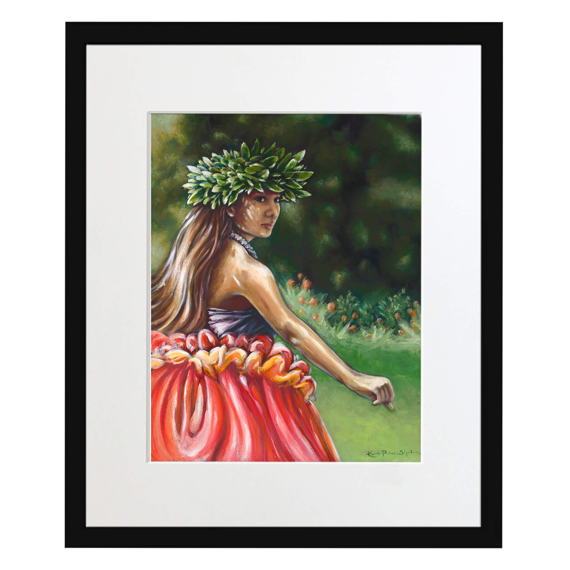 Matted art print with black frame showcasing a woman wearing a dress  by hawaii artist Kristi Petosa