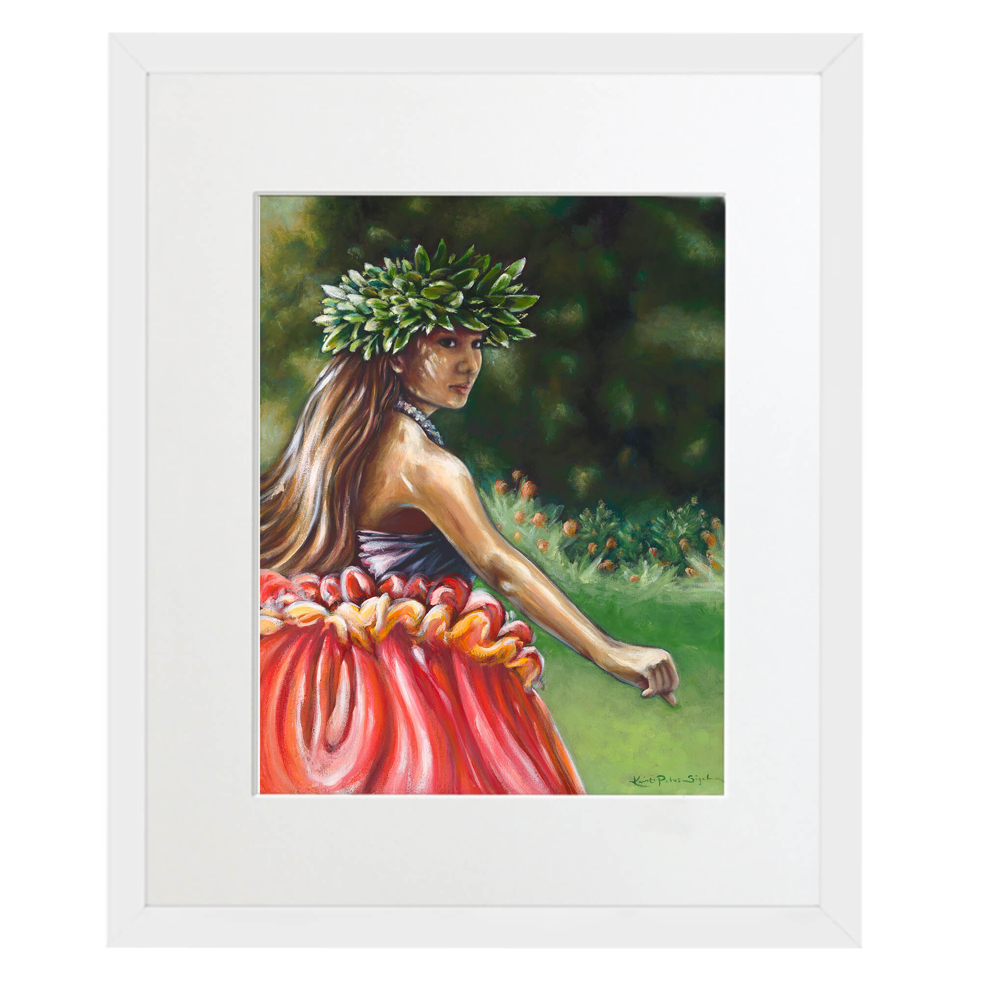 Matted art print with white frame featuring a red skirt   by hawaii artist Kristi Petosa