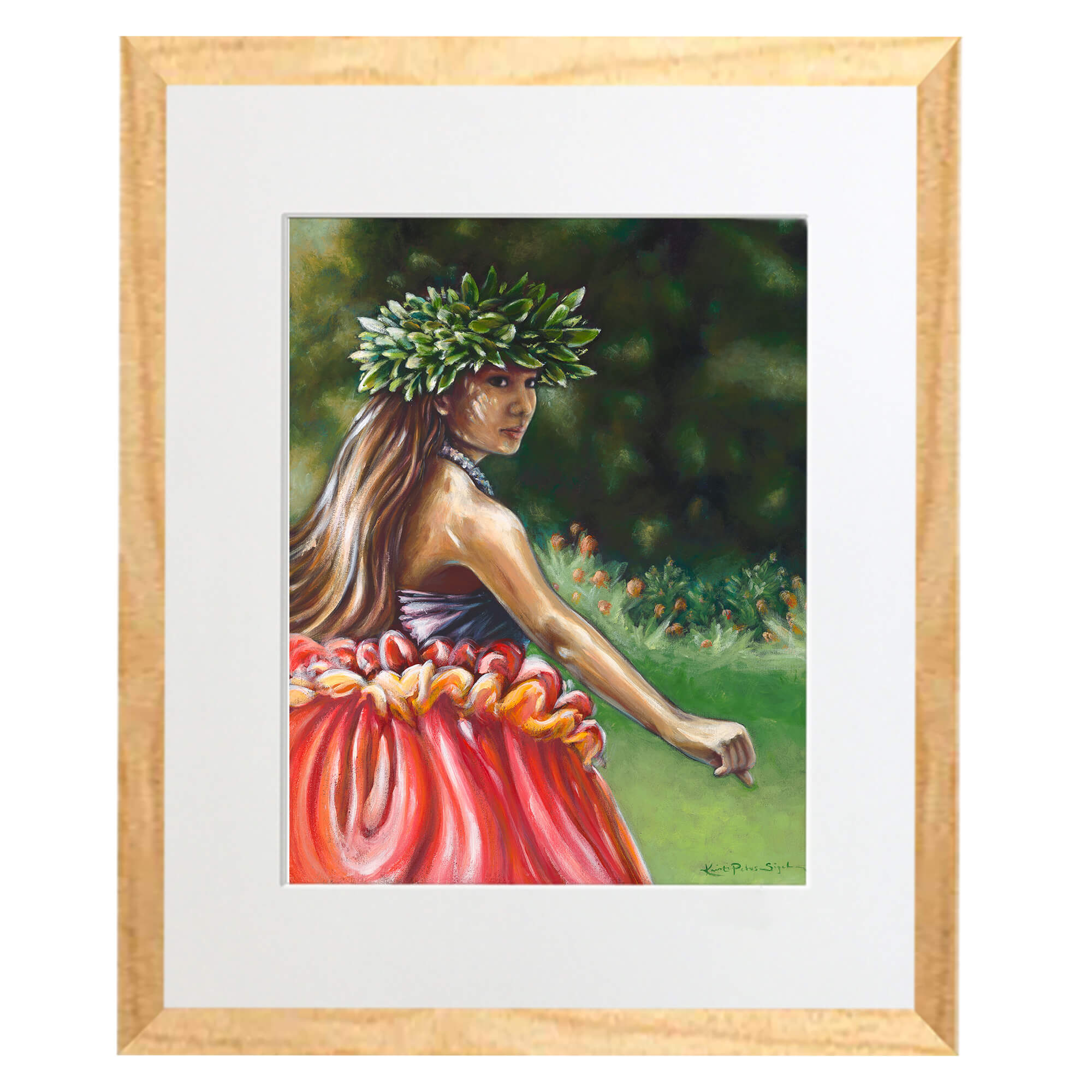 Matted art print with wood frame showcasing a garden  by hawaii artist Kristi Petosa
